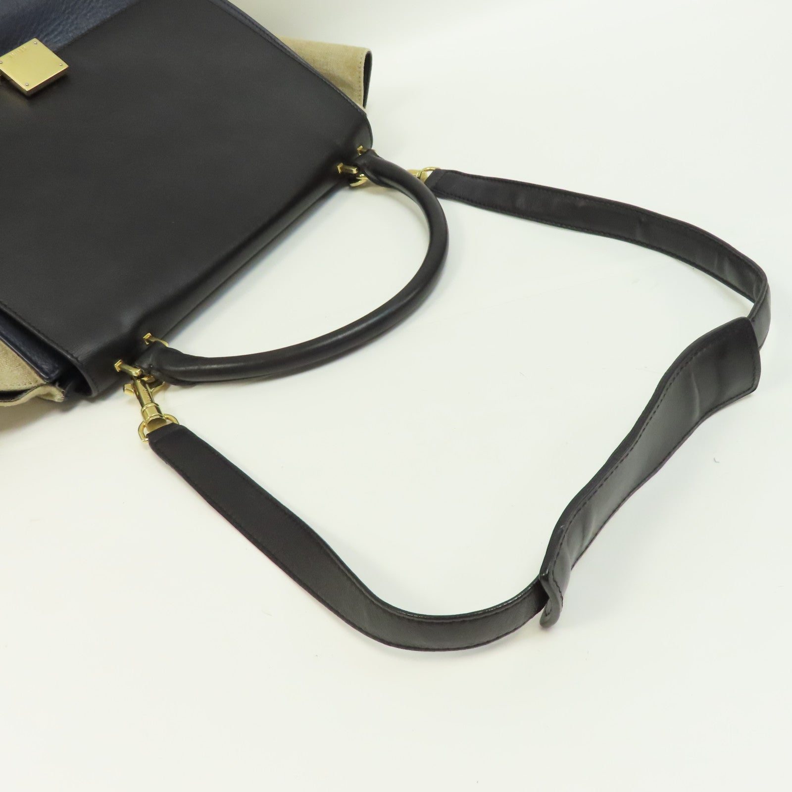 CELINE 【激減優惠】牛皮皮革Trapeze金扣手挽肩背兩用袋深藍色/米色