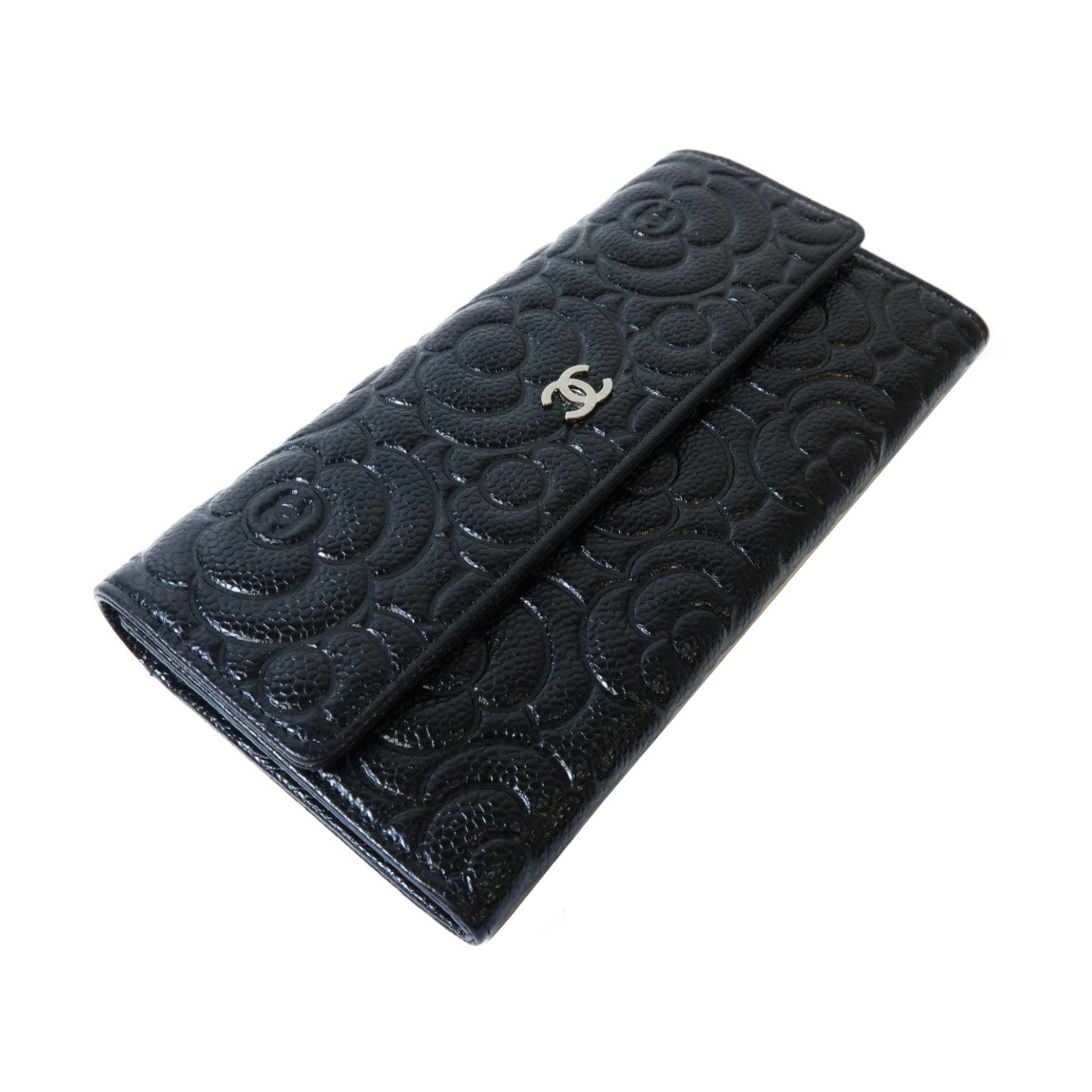 CHANEL 牛皮皮革Camellia Long Wallet銀扣長錢包黑色