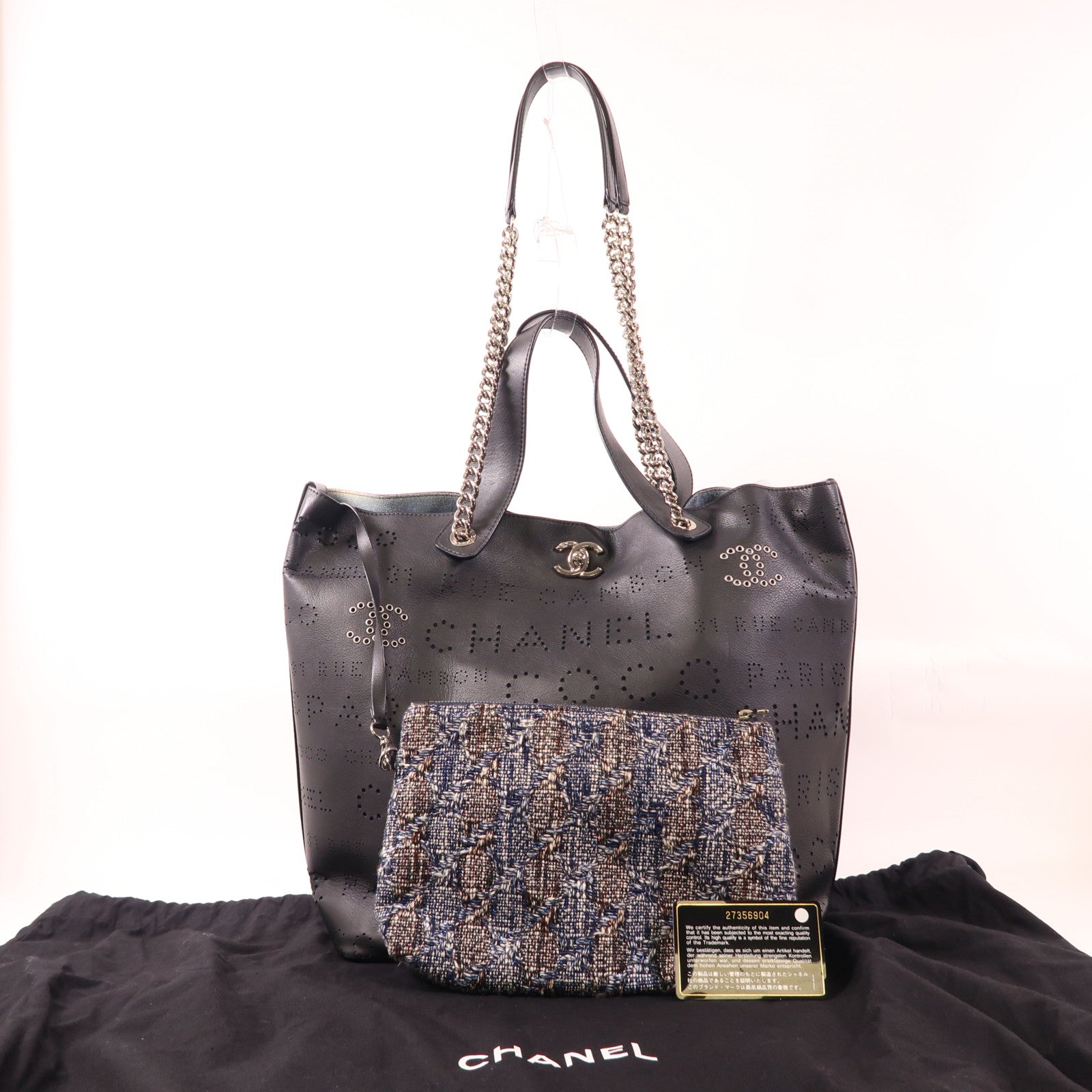 CHANEL CC SHW Eyelet Shopping Bag 2 Way Shoulder Handbag Calfskin Leather Black