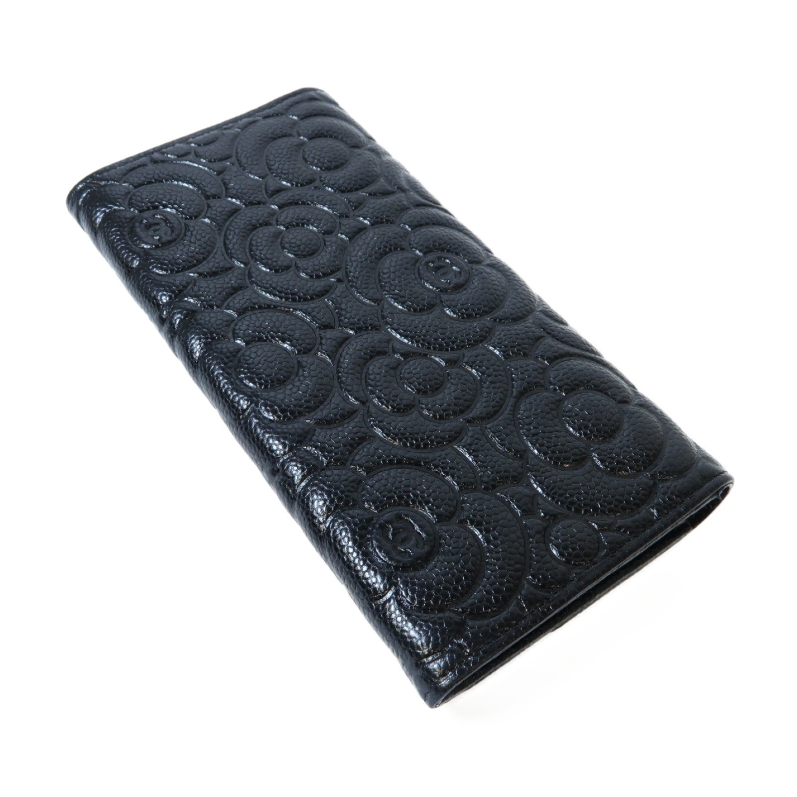 CHANEL 牛皮皮革Camellia Long Wallet銀扣長錢包黑色
