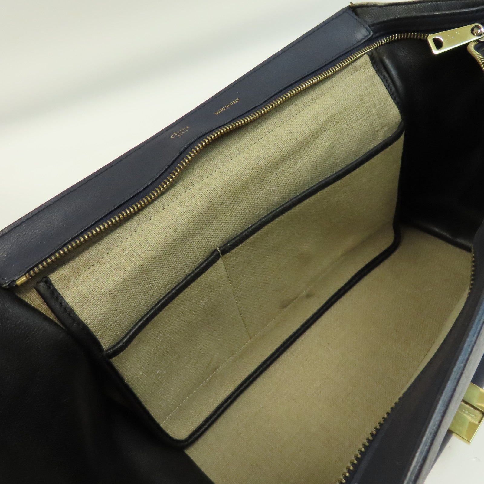 CELINE 【激減優惠】牛皮皮革Trapeze金扣手挽肩背兩用袋深藍色/米色
