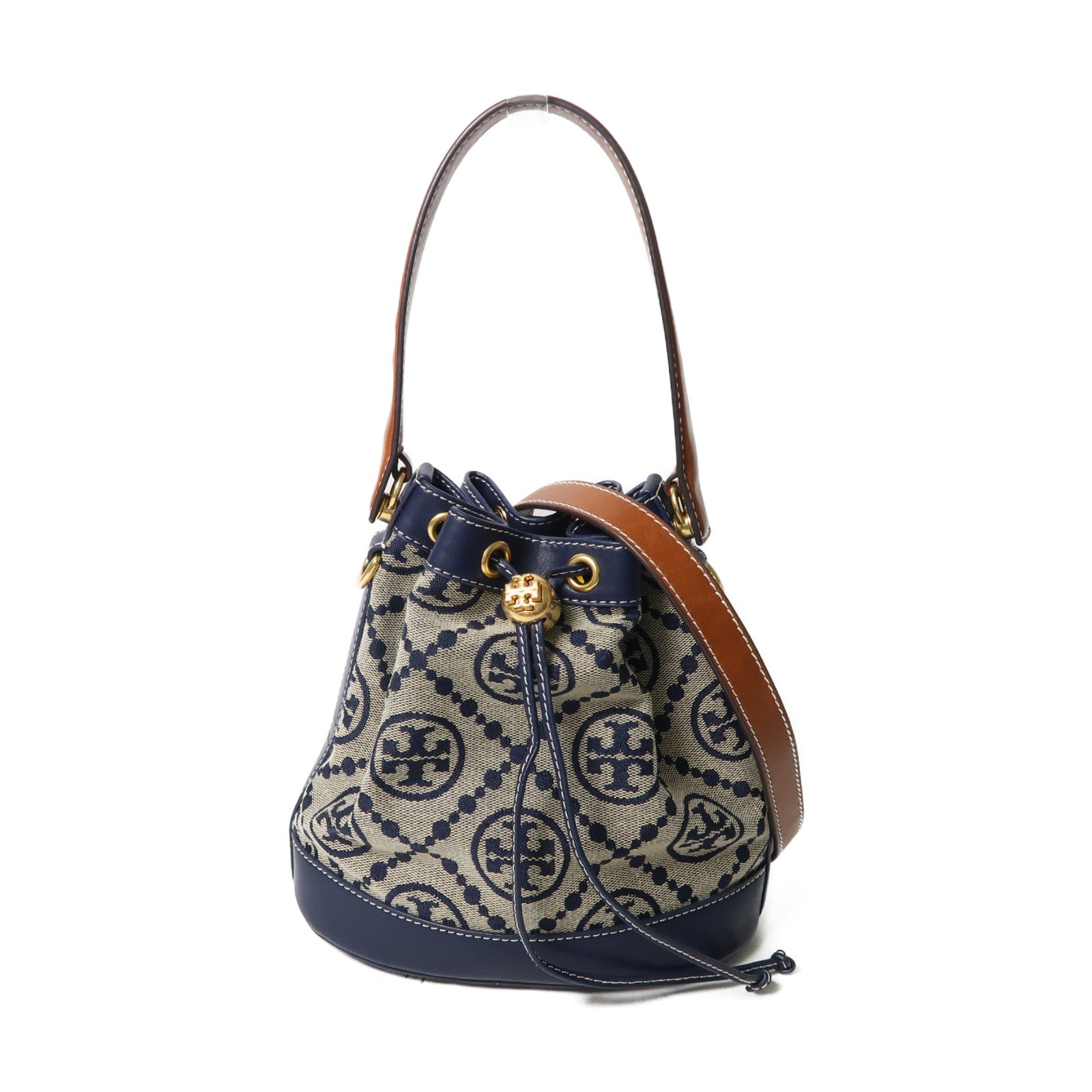 Tory Burch 帆布Bucket Bag金扣手挽肩背兩用袋深藍色