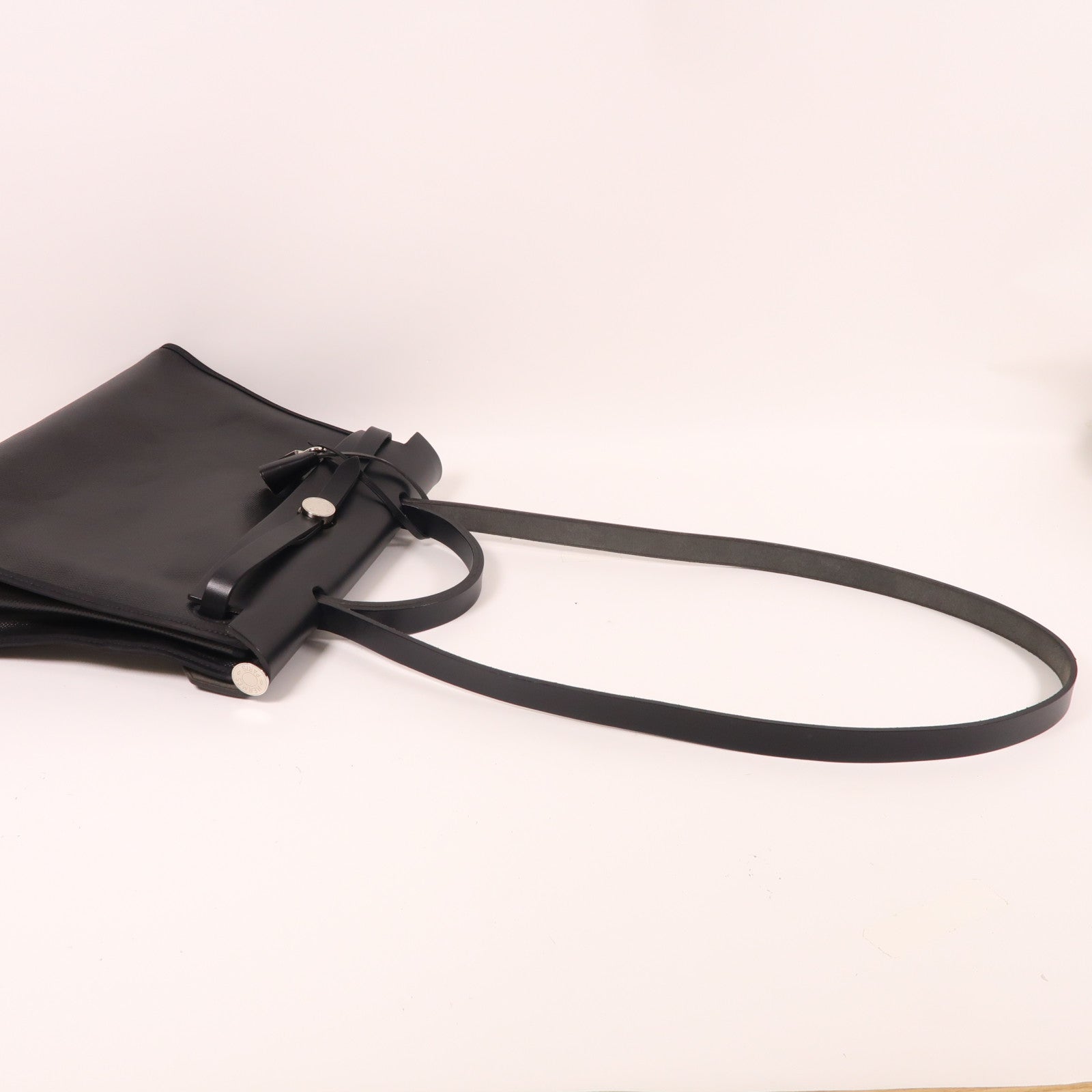 HERMES 牛皮皮革/塗層帆布Herbag PM銀扣手挽肩背兩用袋黑色