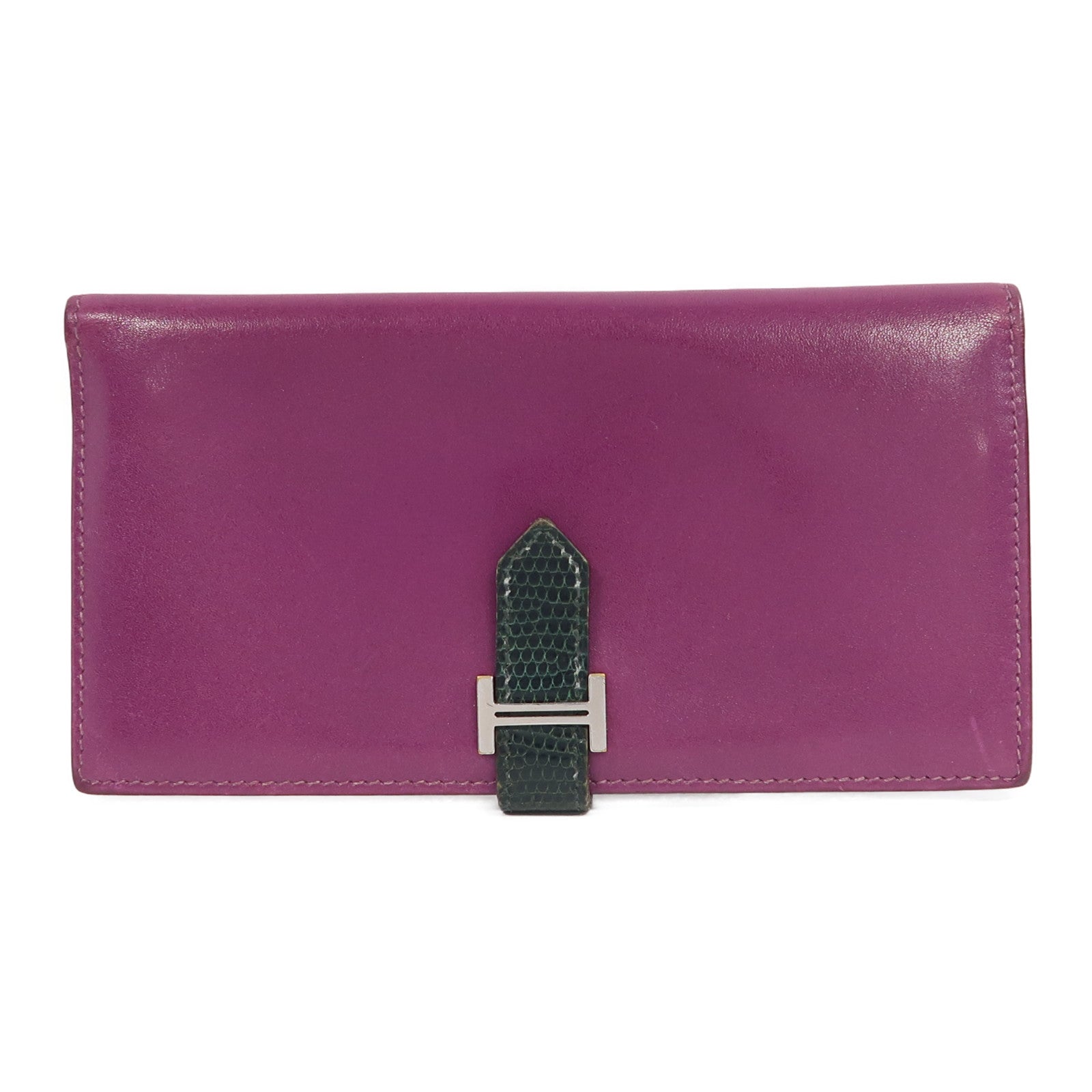 HERMES 【激減優惠】Tadelakt皮革/蜥蝪皮革Bearn銀扣長錢包汽油藍色/紫色