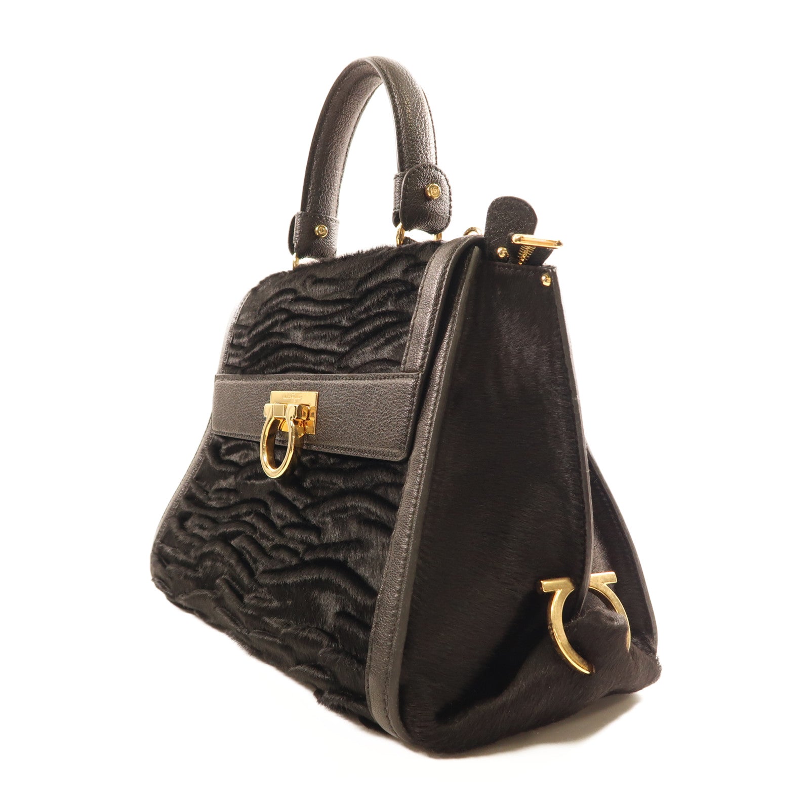 Salvatore Ferragamo 馬毛/皮革2Way Shoulder金扣手挽肩背兩用袋