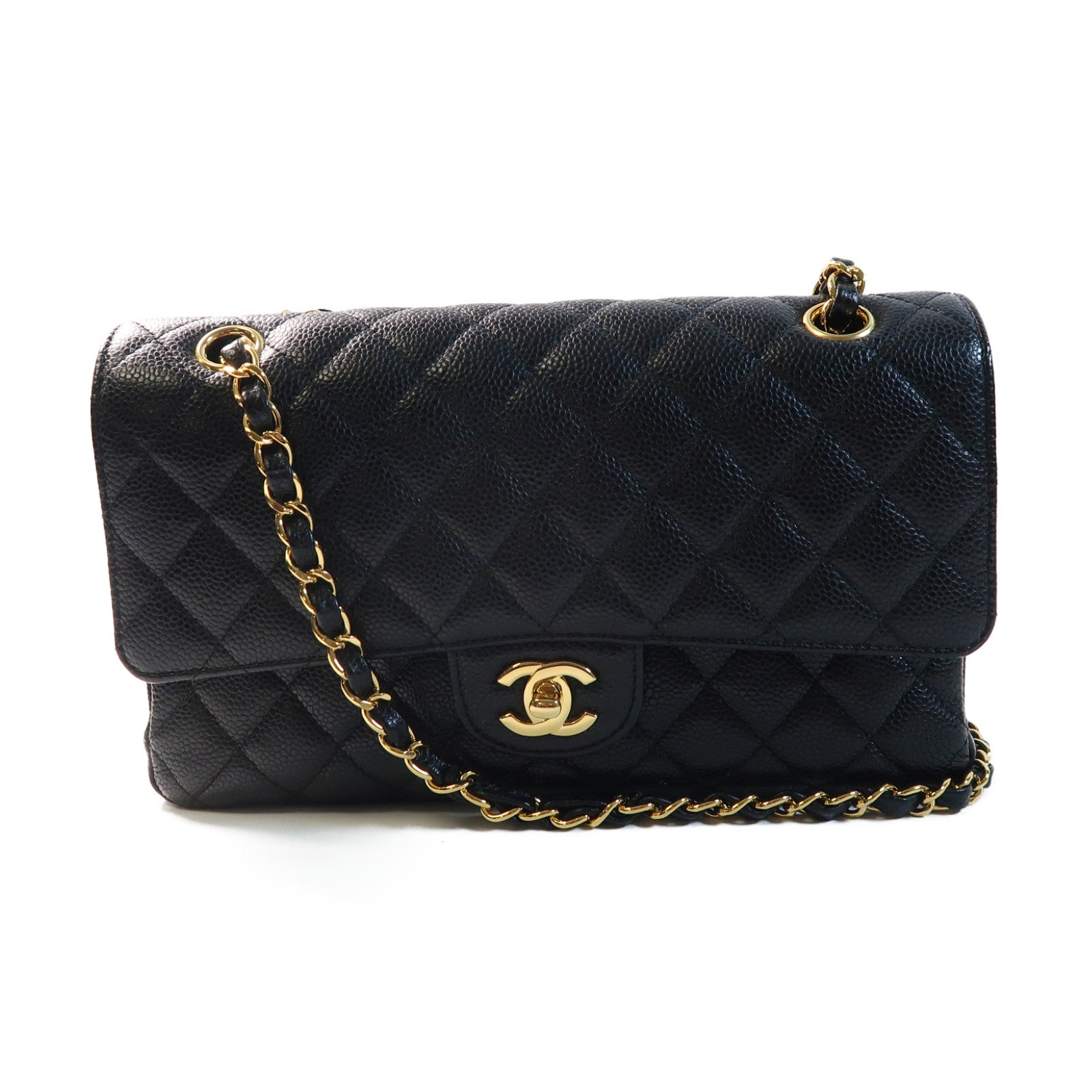 CHANEL 菱格牛皮皮革Classic 25金扣鏈帶肩背袋黑色
