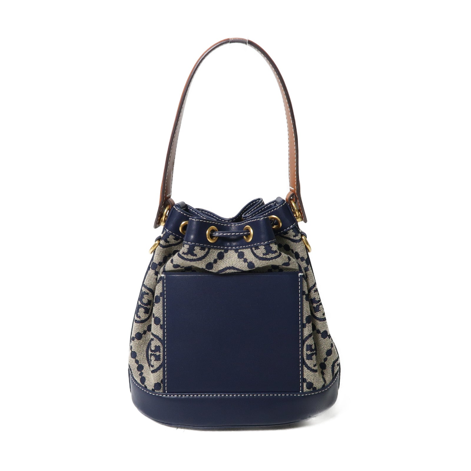 Tory Burch 帆布Bucket Bag金扣手挽肩背兩用袋深藍色