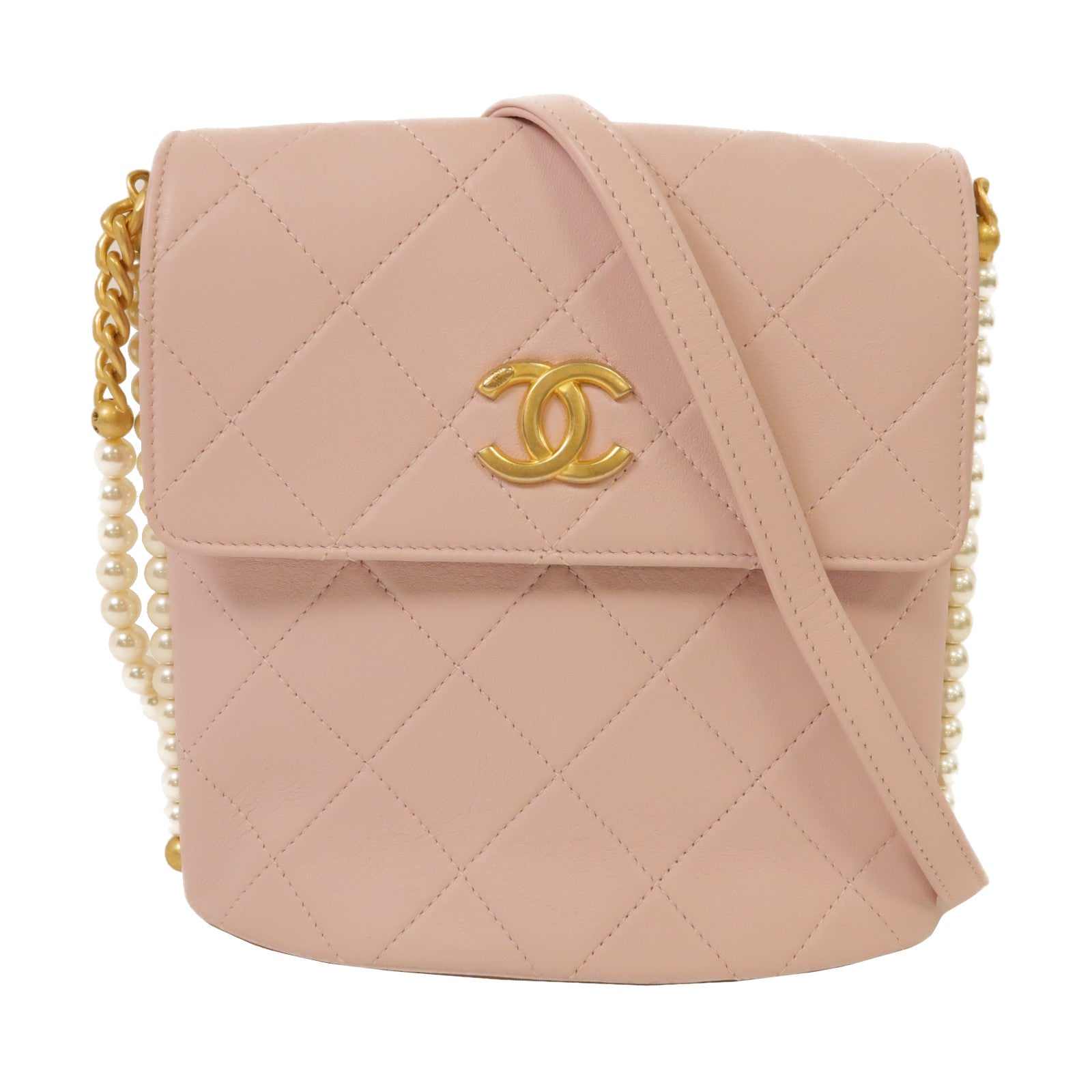CHANEL 菱格牛皮皮革Chain Shoulder金扣鏈帶肩背袋粉紅色