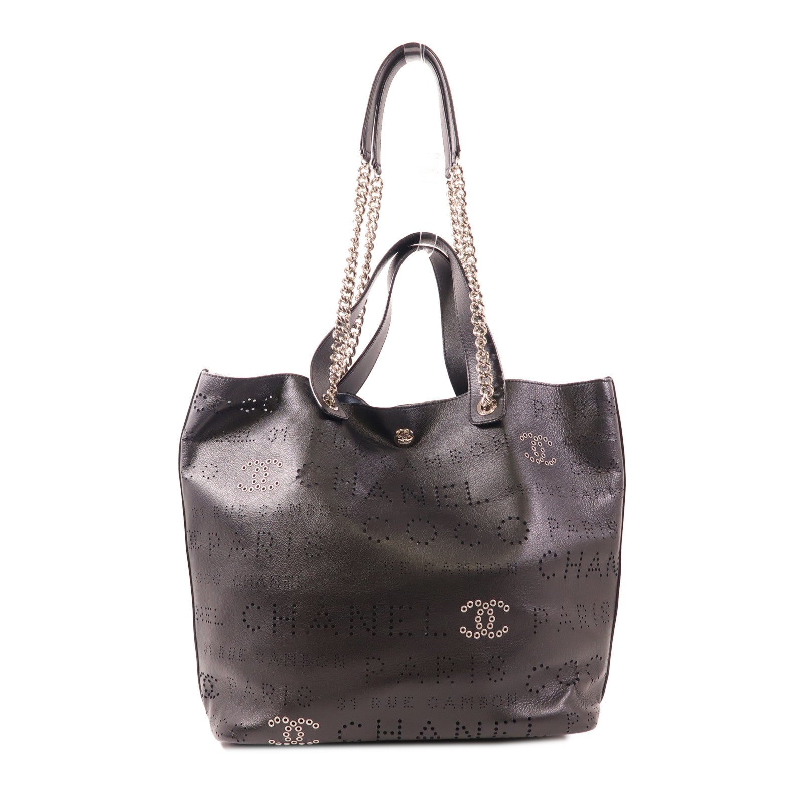 CHANEL CC SHW Eyelet Shopping Bag 2 Way Shoulder Handbag Calfskin Leather Black