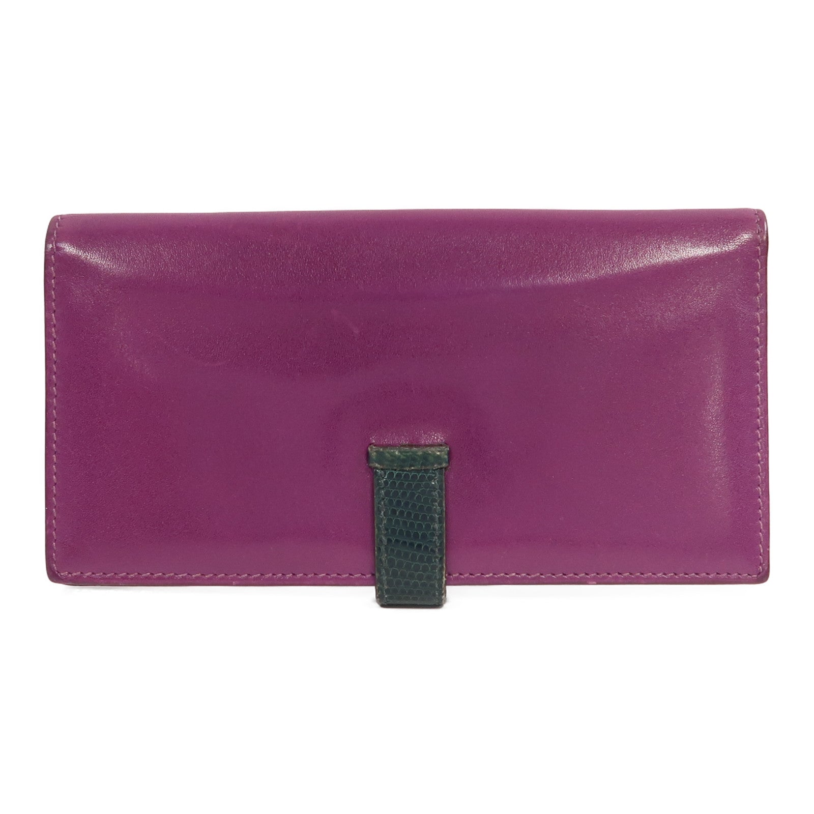 HERMES 【激減優惠】Tadelakt皮革/蜥蝪皮革Bearn銀扣長錢包汽油藍色/紫色