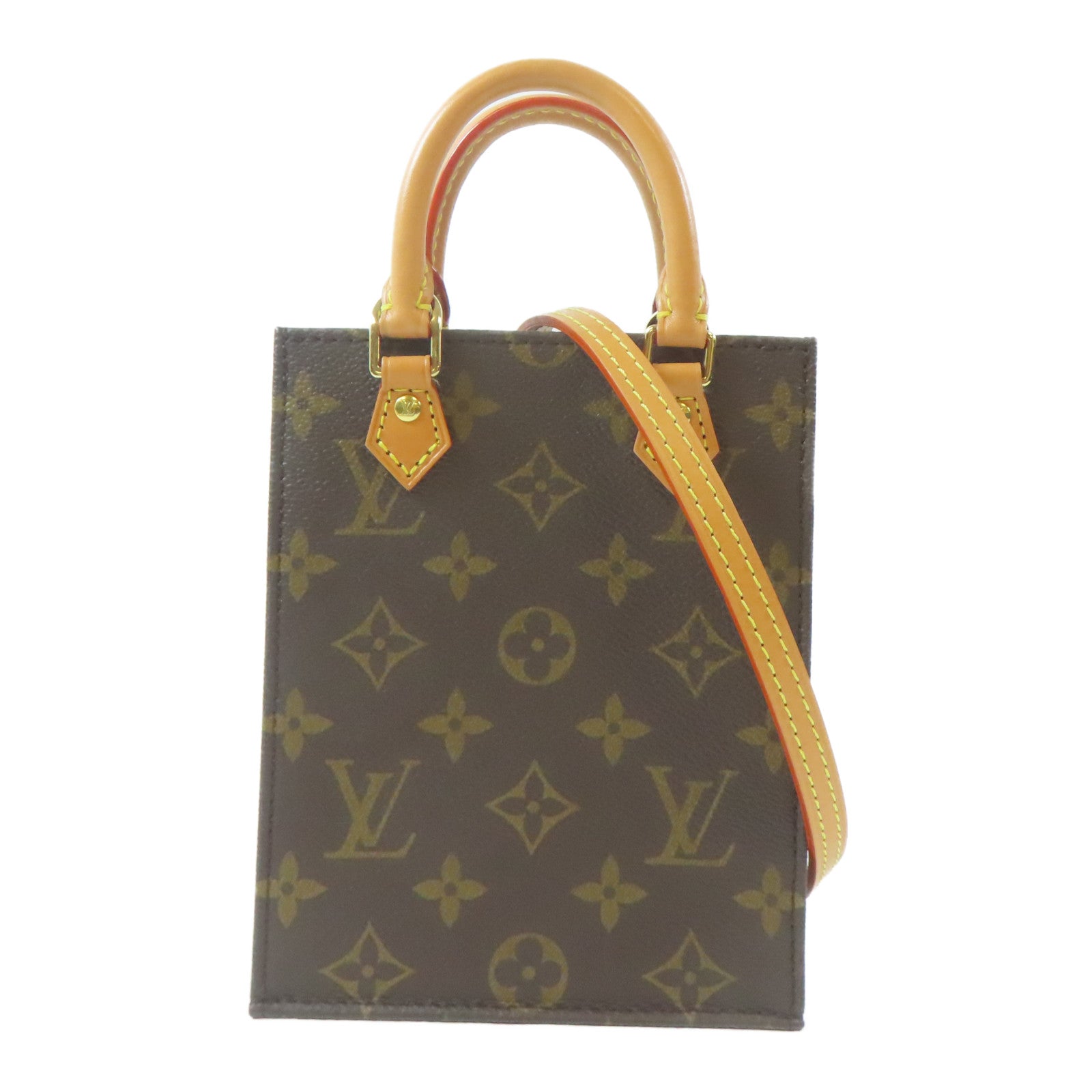 LOUIS VUITTON Monogram Petite Sac Plat金扣手挽肩背兩用袋啡色