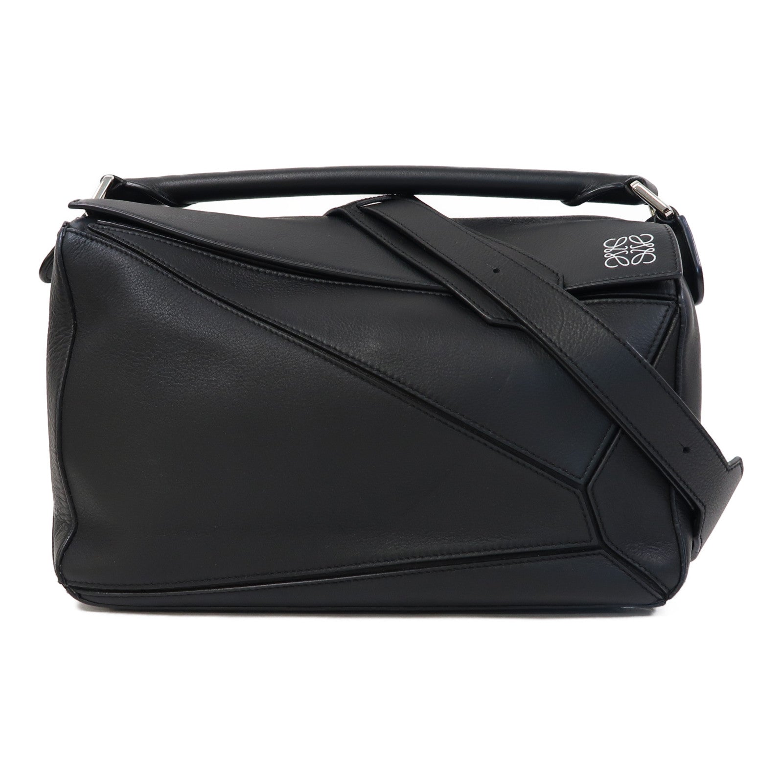 LOEWE 牛皮皮革Puzzle Medium銀扣手挽肩背兩用袋黑色