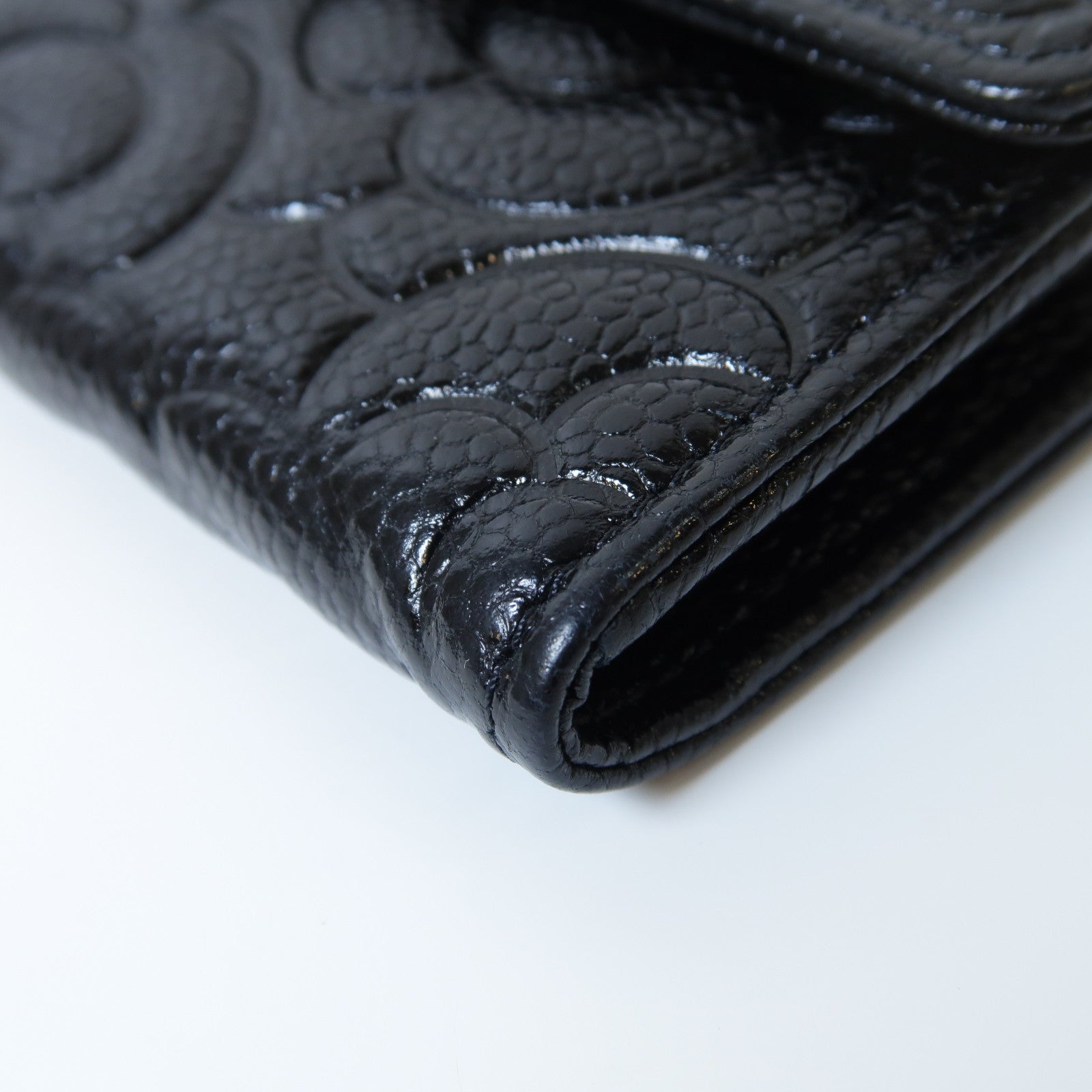CHANEL 牛皮皮革Camellia Long Wallet銀扣長錢包黑色
