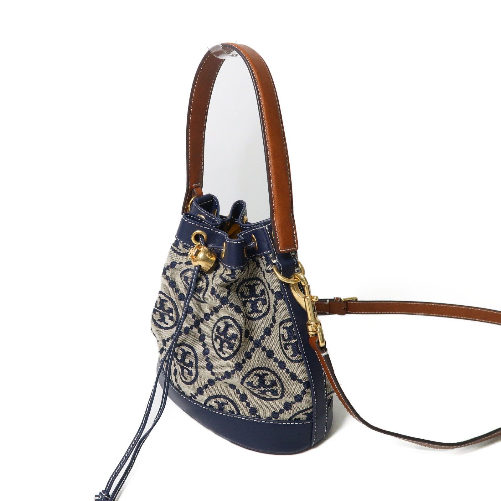 Tory Burch 帆布Bucket Bag金扣手挽肩背兩用袋深藍色
