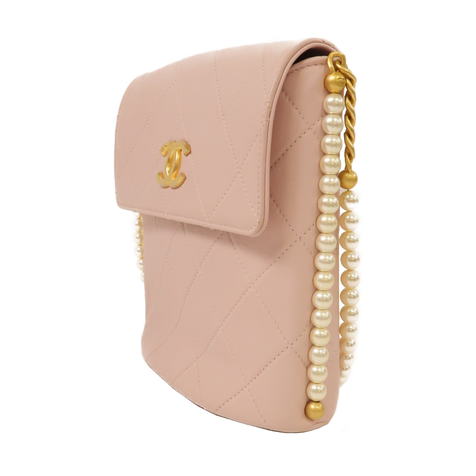 CHANEL 菱格牛皮皮革Chain Shoulder金扣鏈帶肩背袋粉紅色