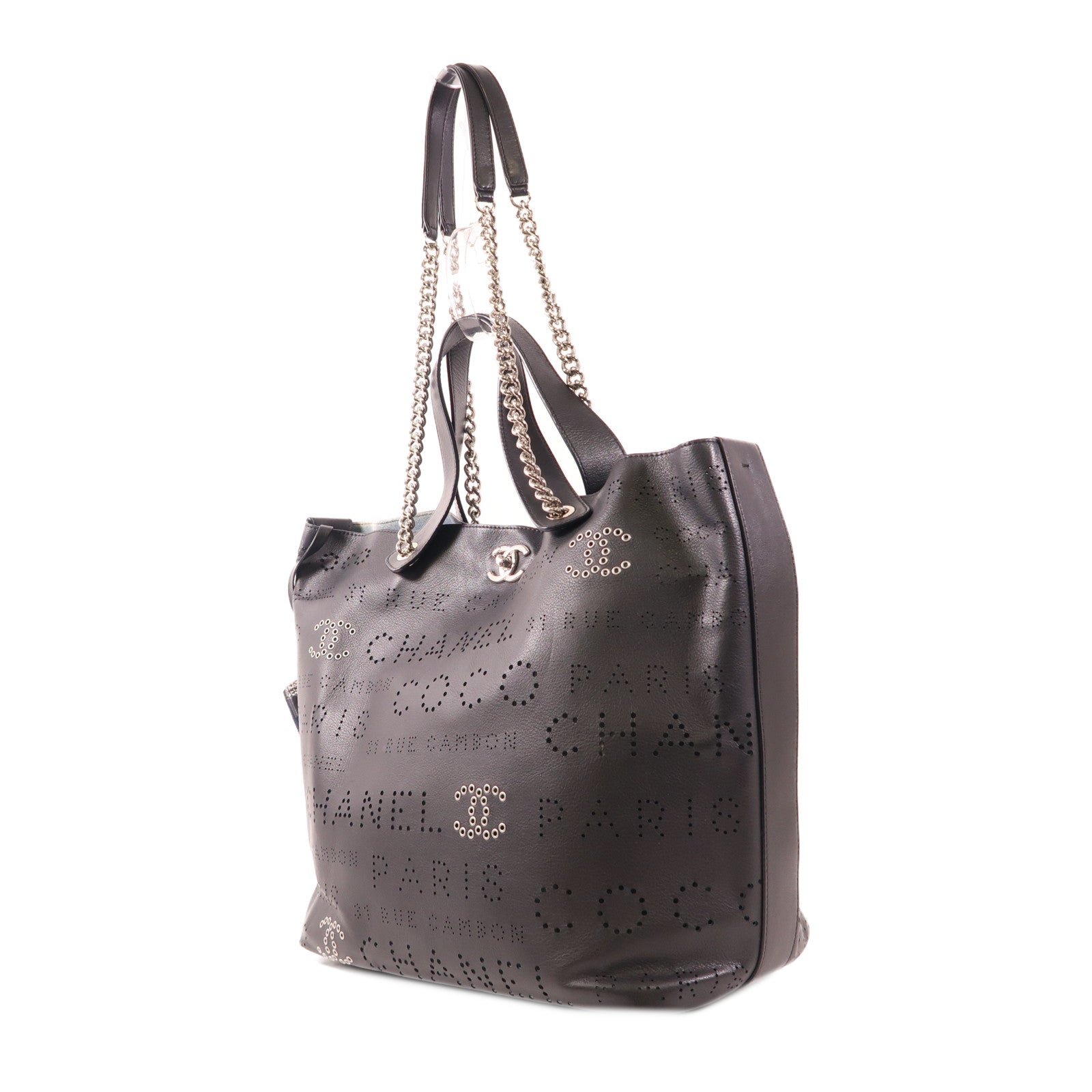 CHANEL CC SHW Eyelet Shopping Bag 2 Way Shoulder Handbag Calfskin Leather Black