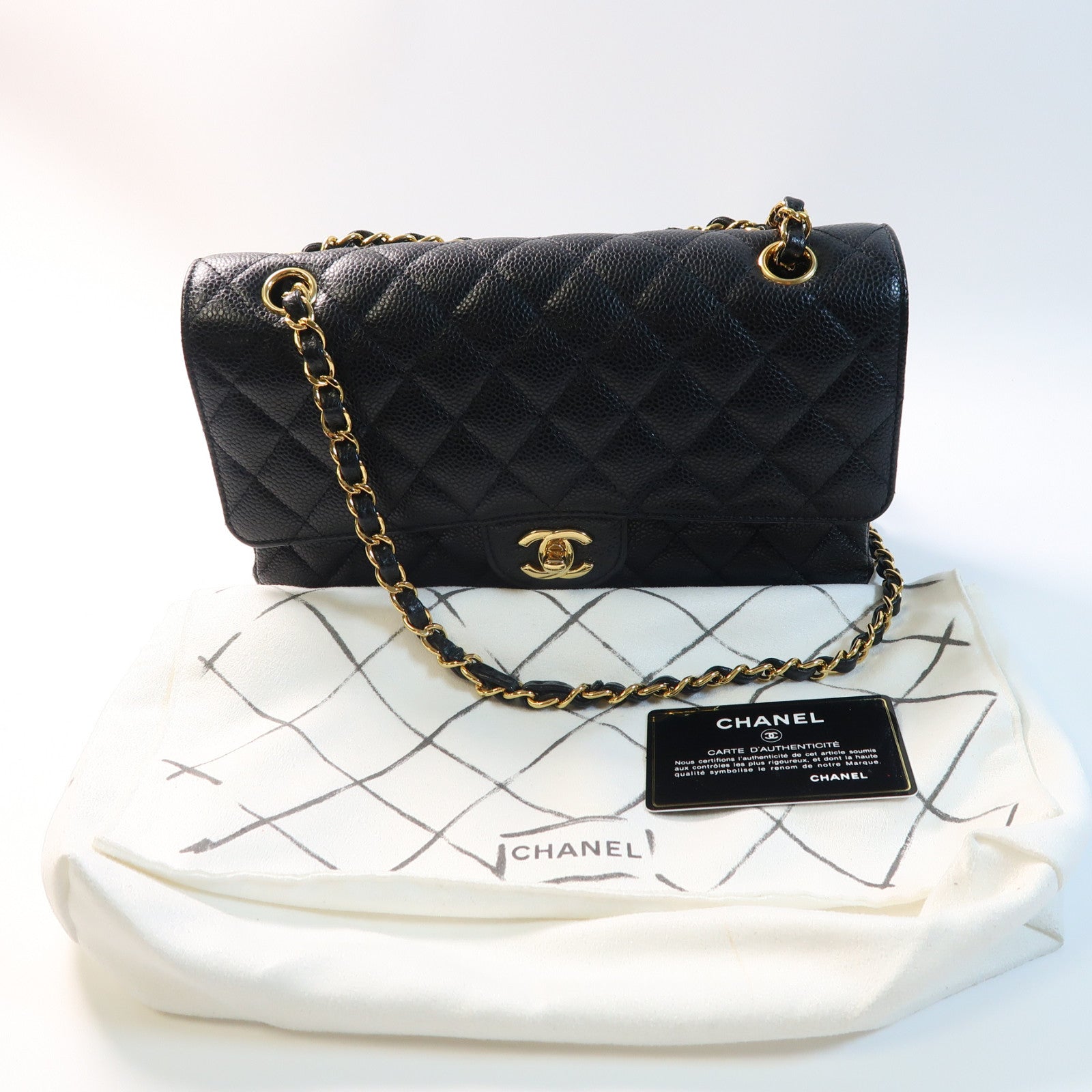 CHANEL 菱格牛皮皮革Classic 25金扣鏈帶肩背袋黑色