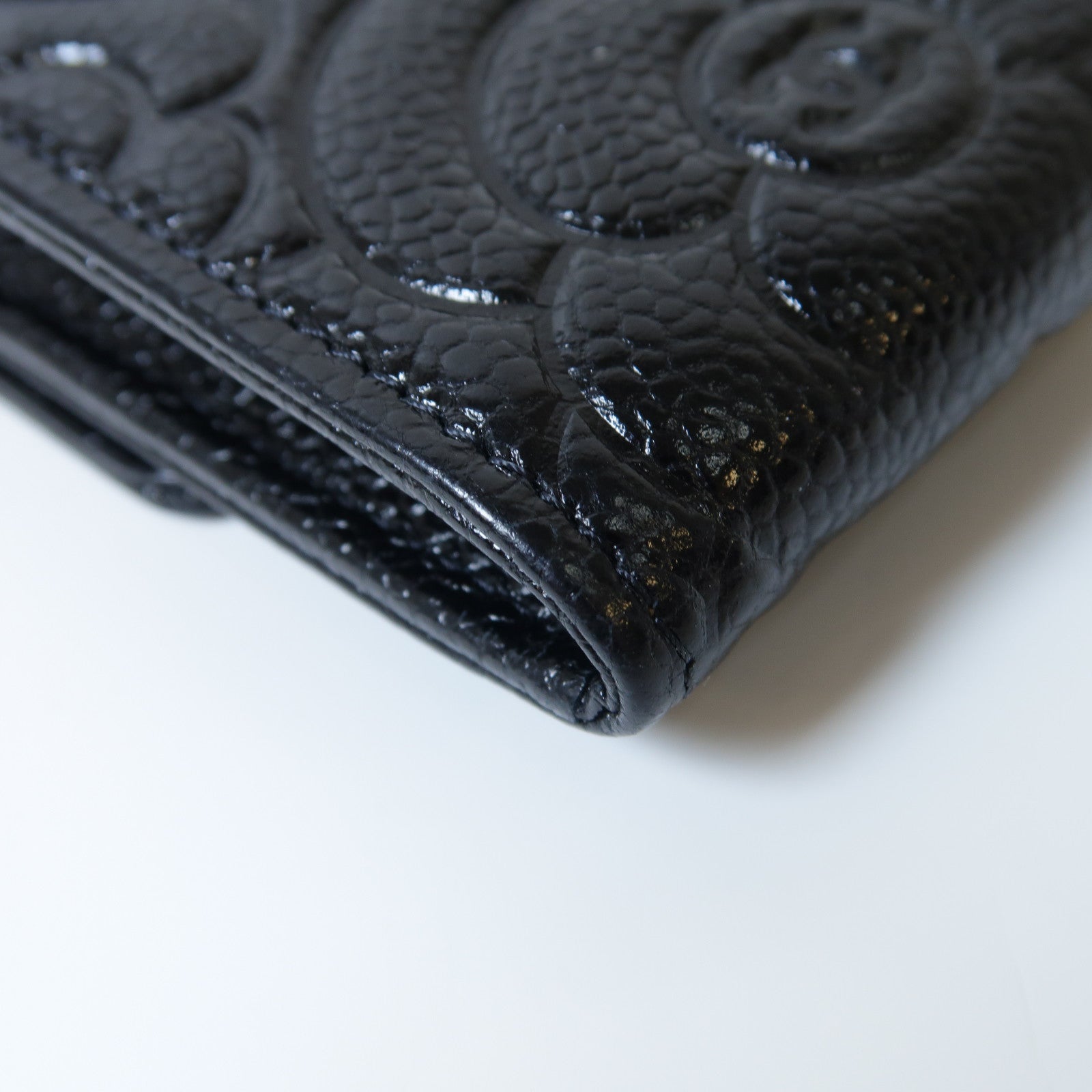 CHANEL 牛皮皮革Camellia Long Wallet銀扣長錢包黑色