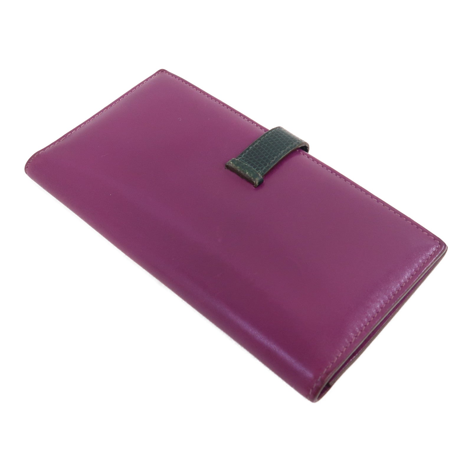 HERMES 【激減優惠】Tadelakt皮革/蜥蝪皮革Bearn銀扣長錢包汽油藍色/紫色