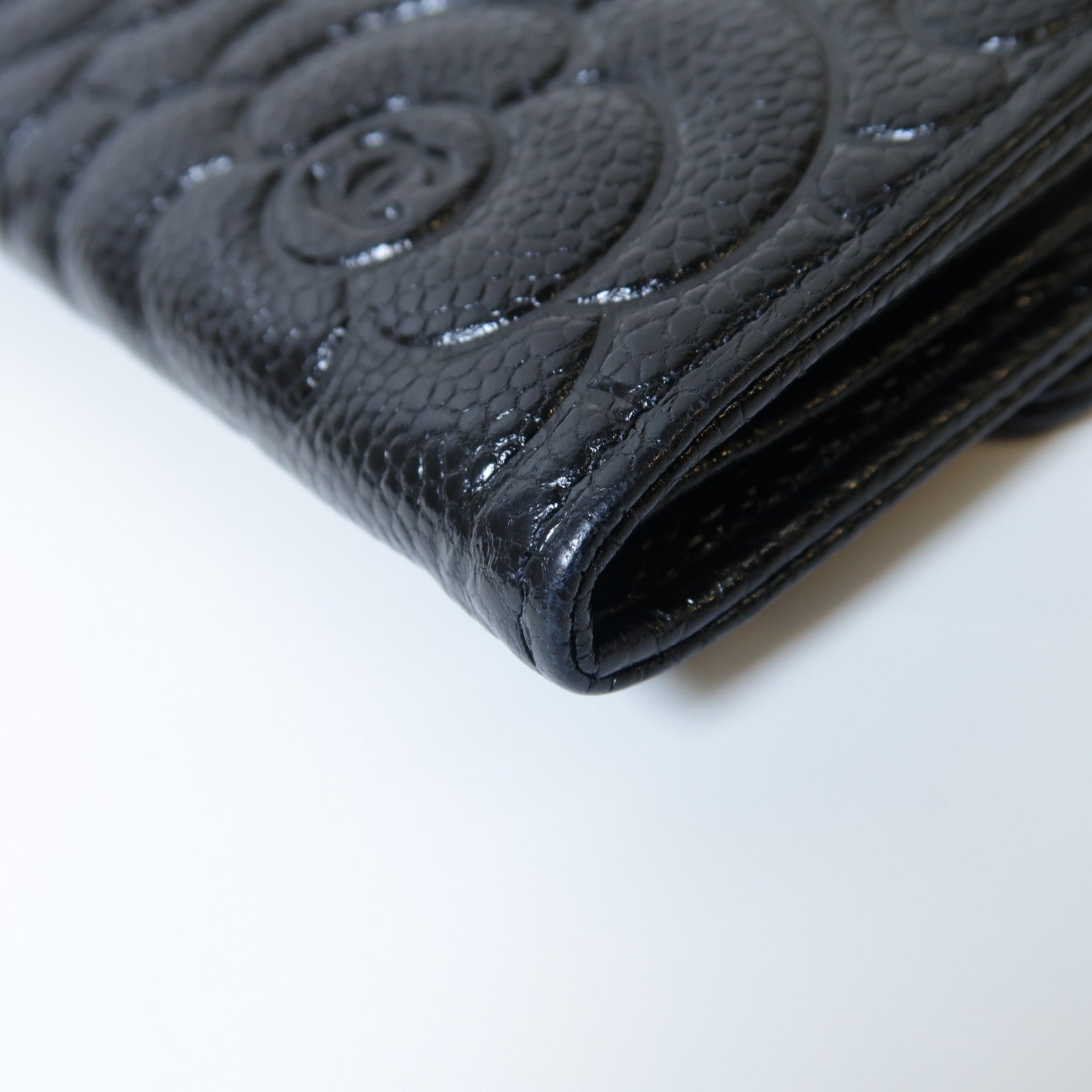 CHANEL 牛皮皮革Camellia Long Wallet銀扣長錢包黑色
