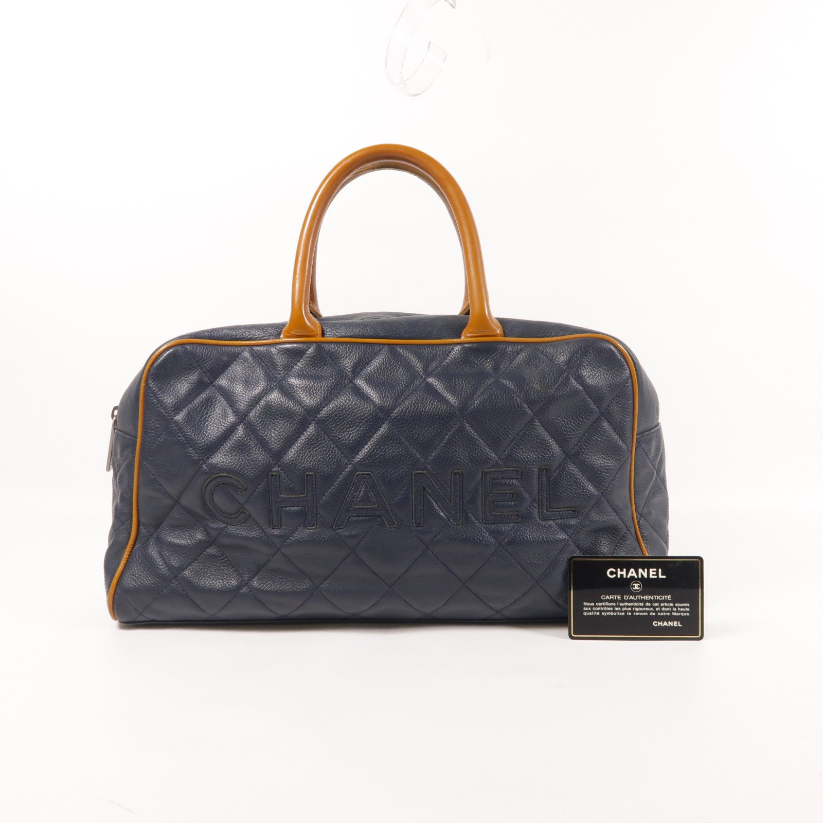 CHANEL CC SHW Boston Bag Hand Bag Calfskin Leather Blue