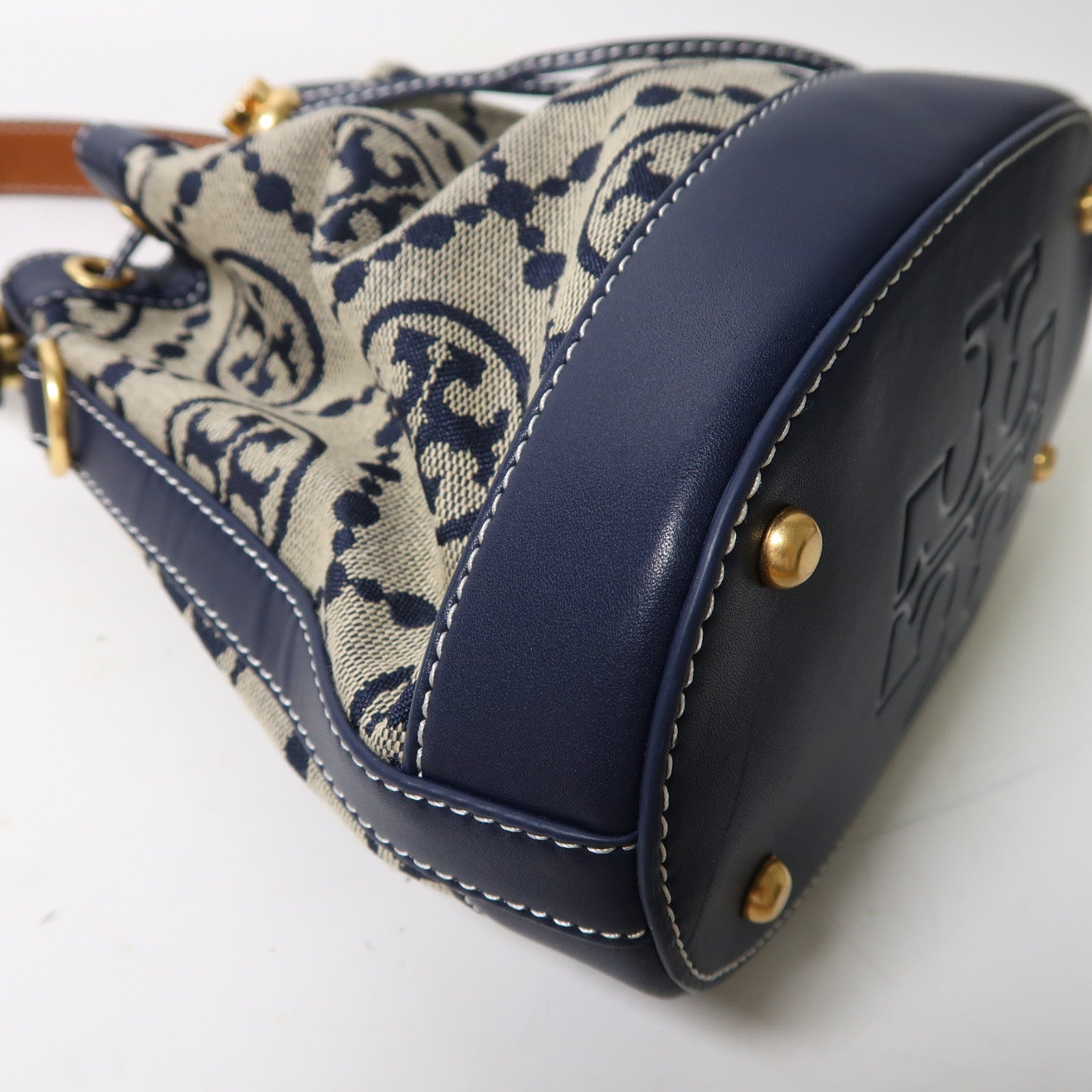 Tory Burch 帆布Bucket Bag金扣手挽肩背兩用袋深藍色