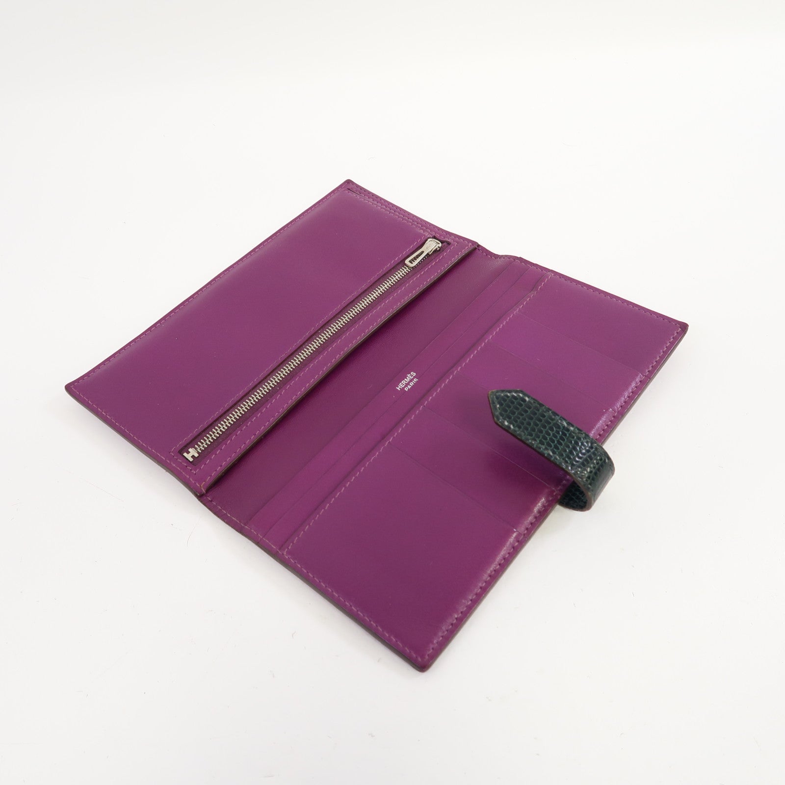 HERMES 【激減優惠】Tadelakt皮革/蜥蝪皮革Bearn銀扣長錢包汽油藍色/紫色