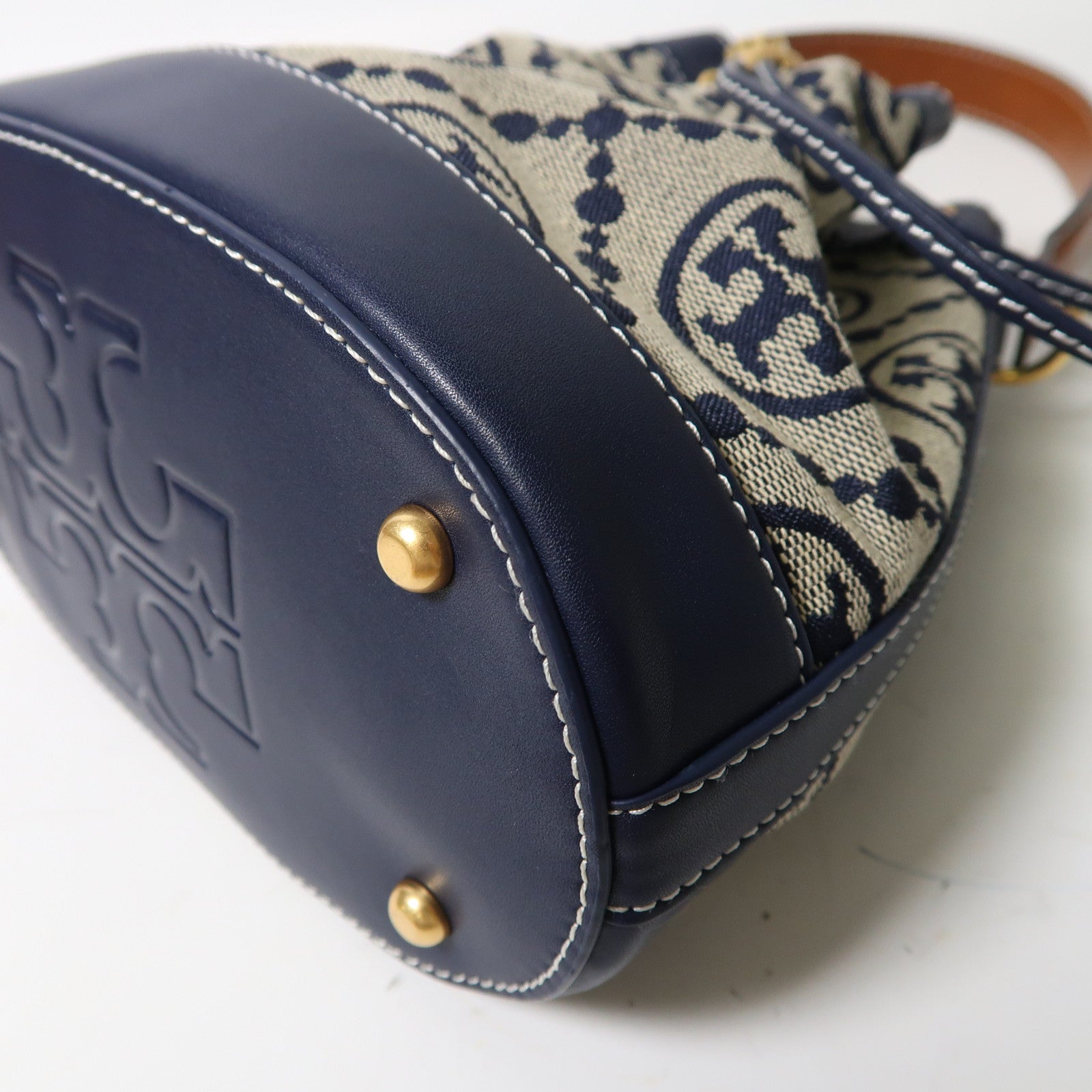 Tory Burch 帆布Bucket Bag金扣手挽肩背兩用袋深藍色
