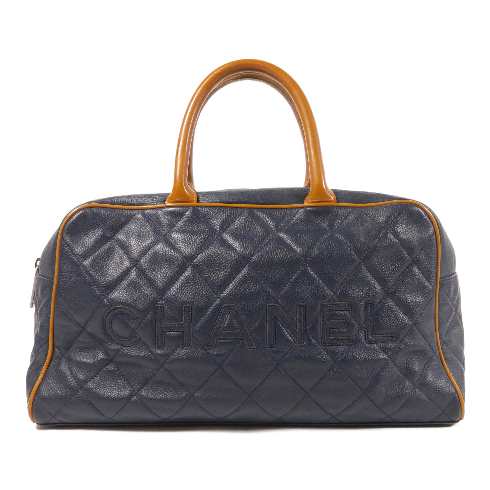CHANEL CC SHW Boston Bag Hand Bag Calfskin Leather Blue