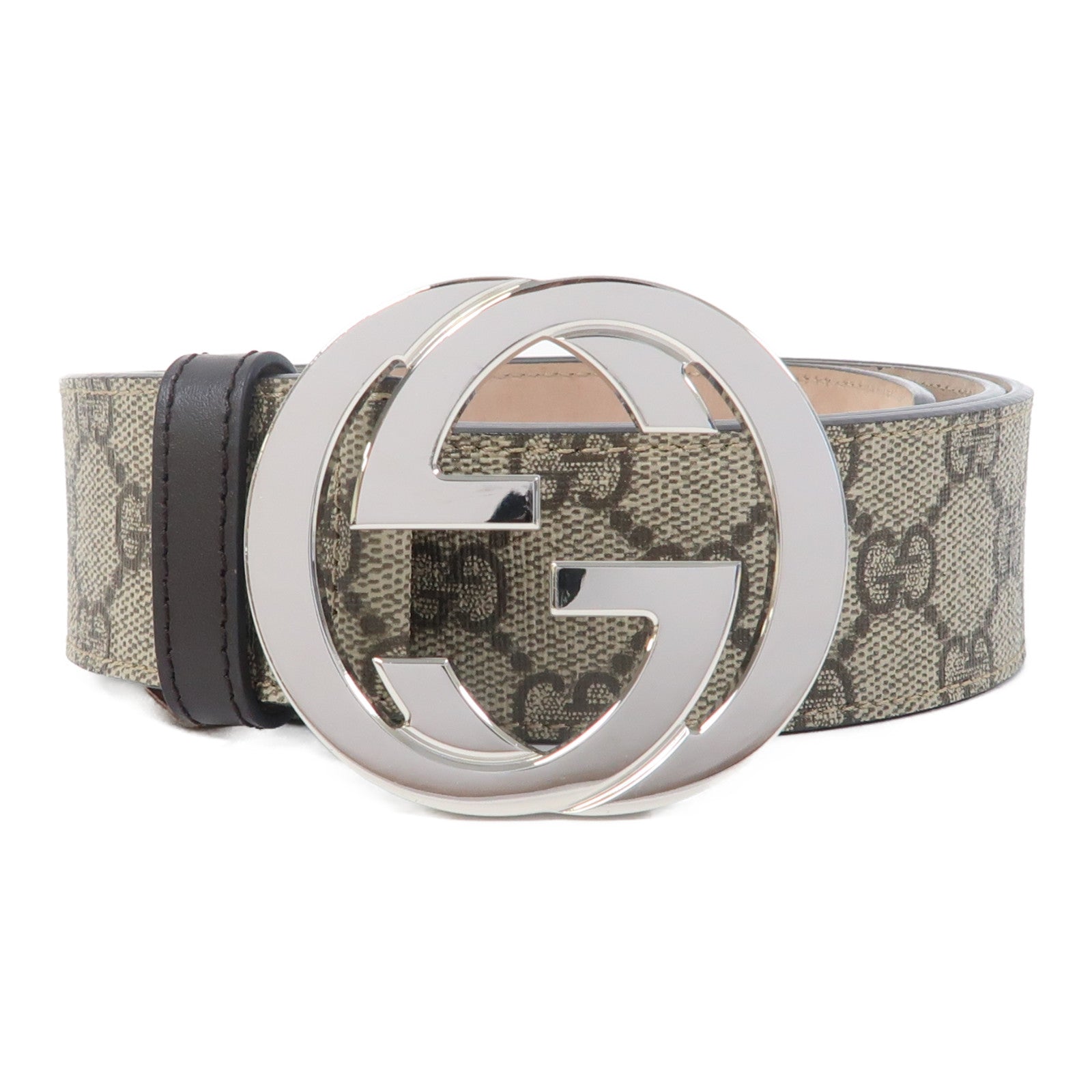GUCCI 塗層帆布GG Supreme Belt銀扣皮帶啡色