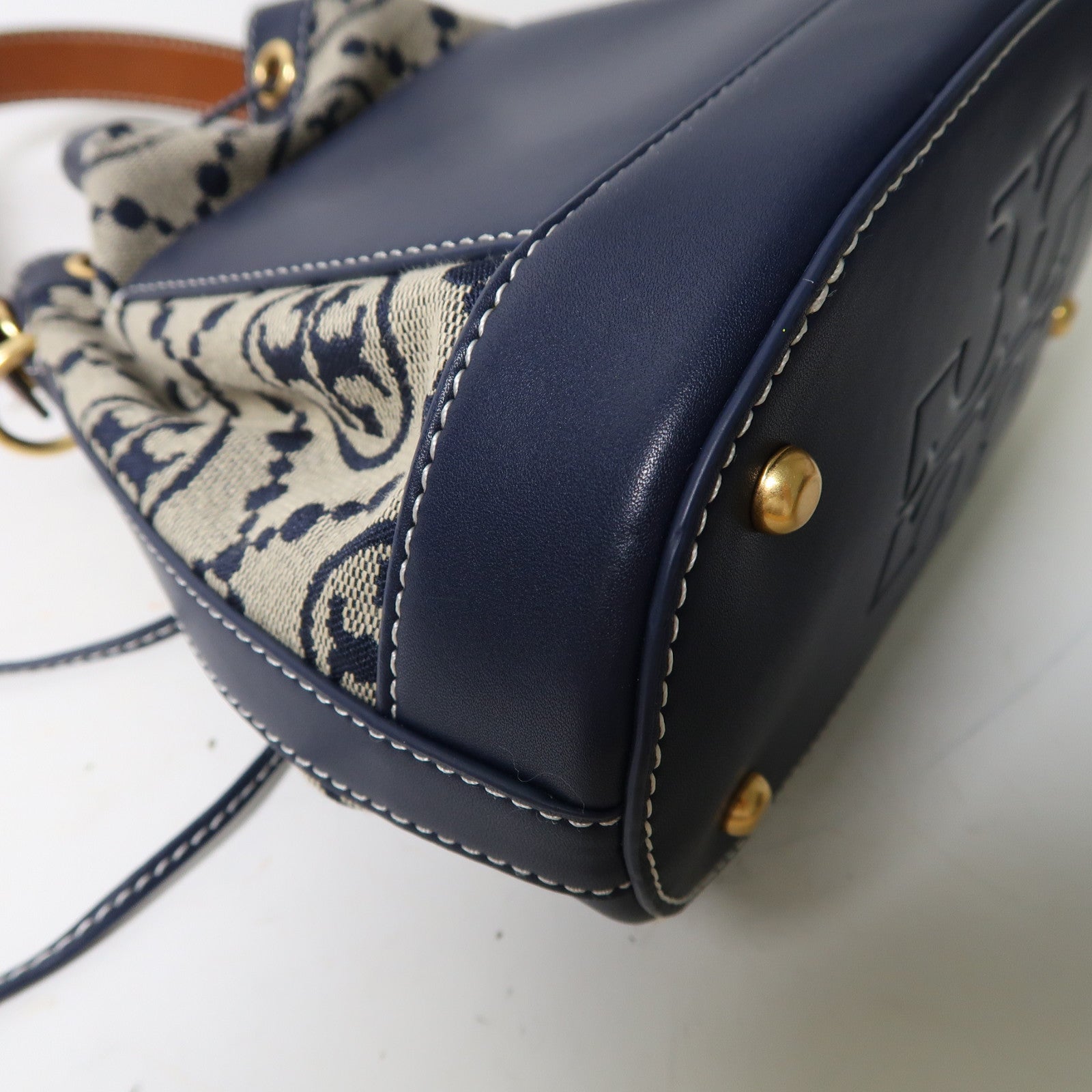 Tory Burch 帆布Bucket Bag金扣手挽肩背兩用袋深藍色
