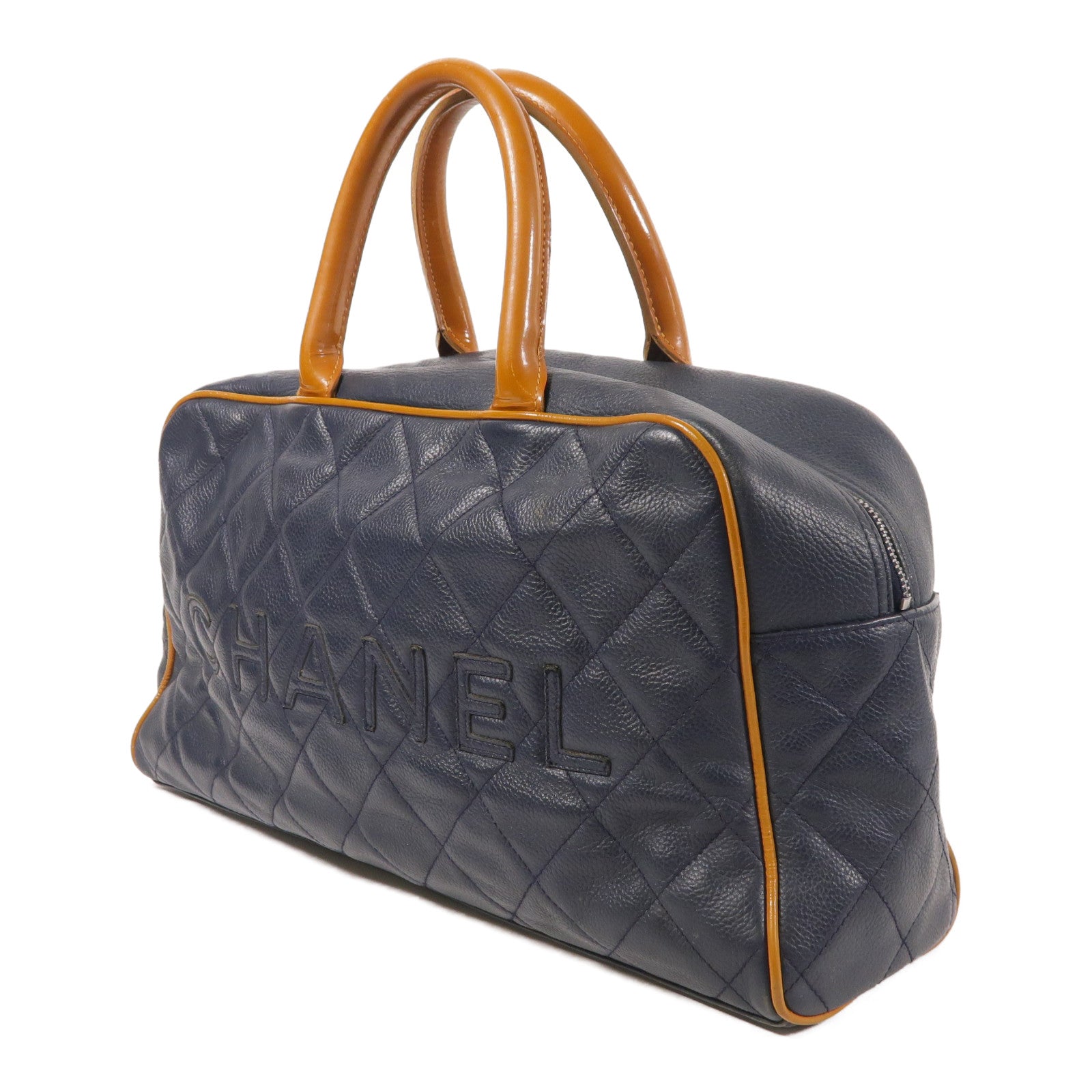 CHANEL CC SHW Boston Bag Hand Bag Calfskin Leather Blue