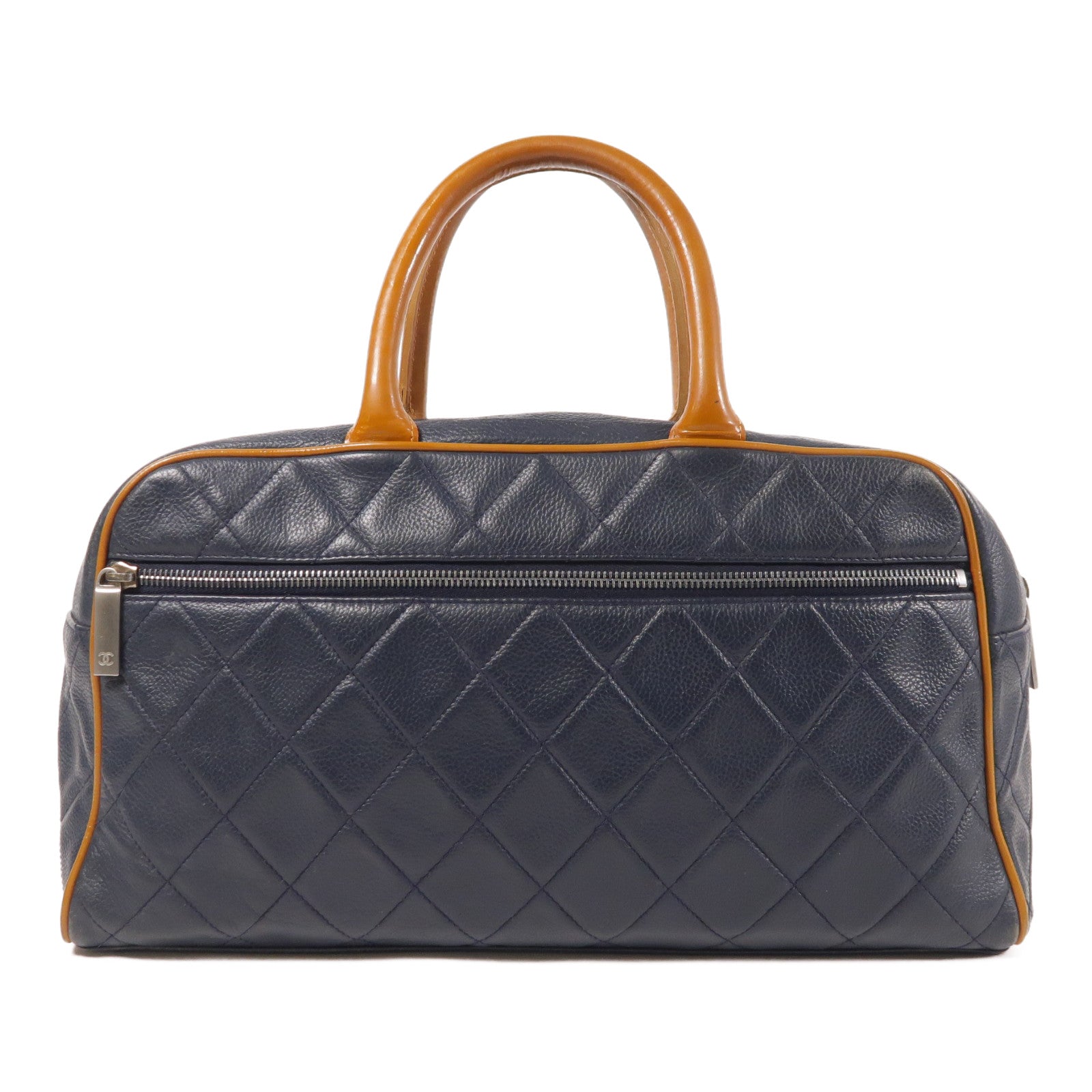 CHANEL CC SHW Boston Bag Hand Bag Calfskin Leather Blue