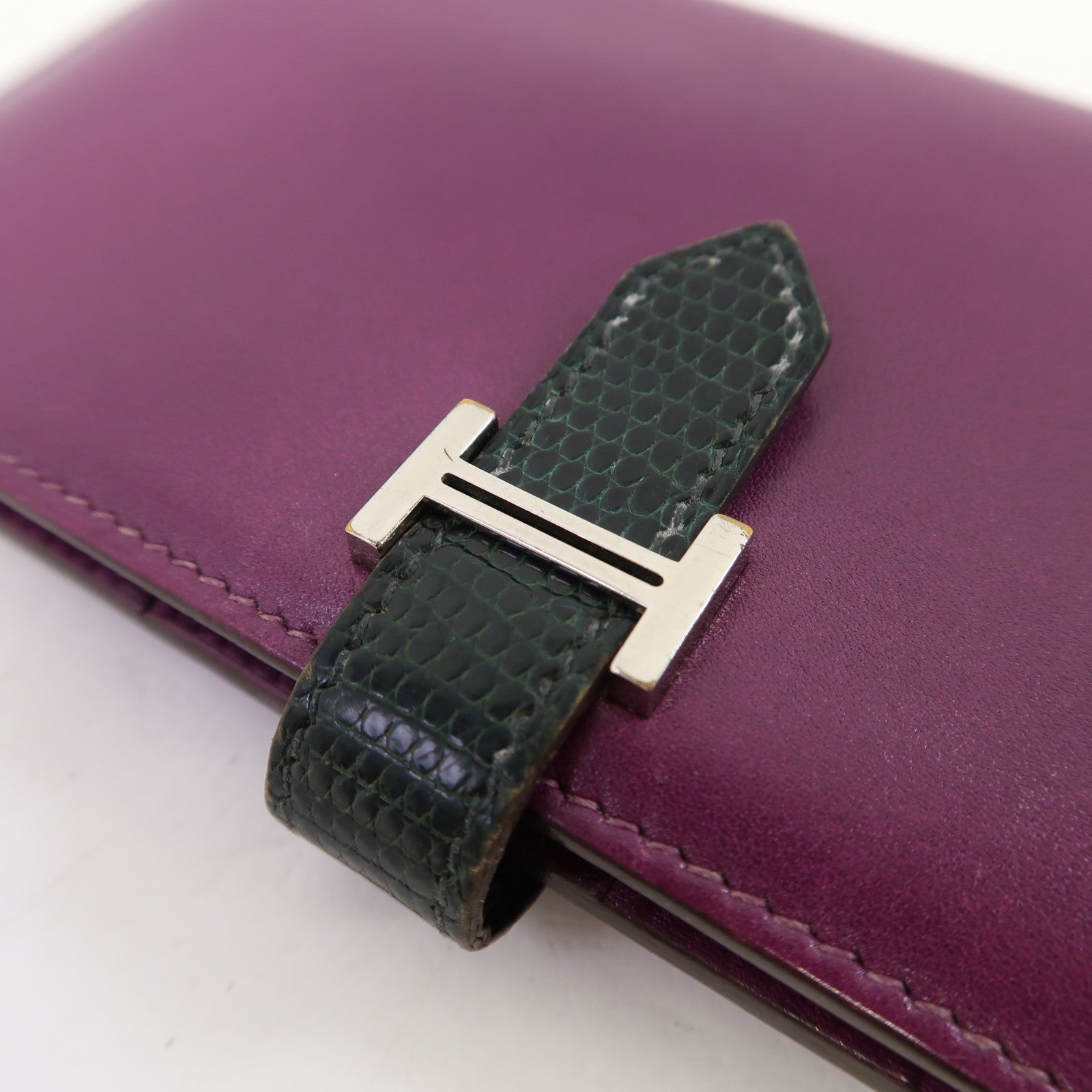 HERMES 【激減優惠】Tadelakt皮革/蜥蝪皮革Bearn銀扣長錢包汽油藍色/紫色