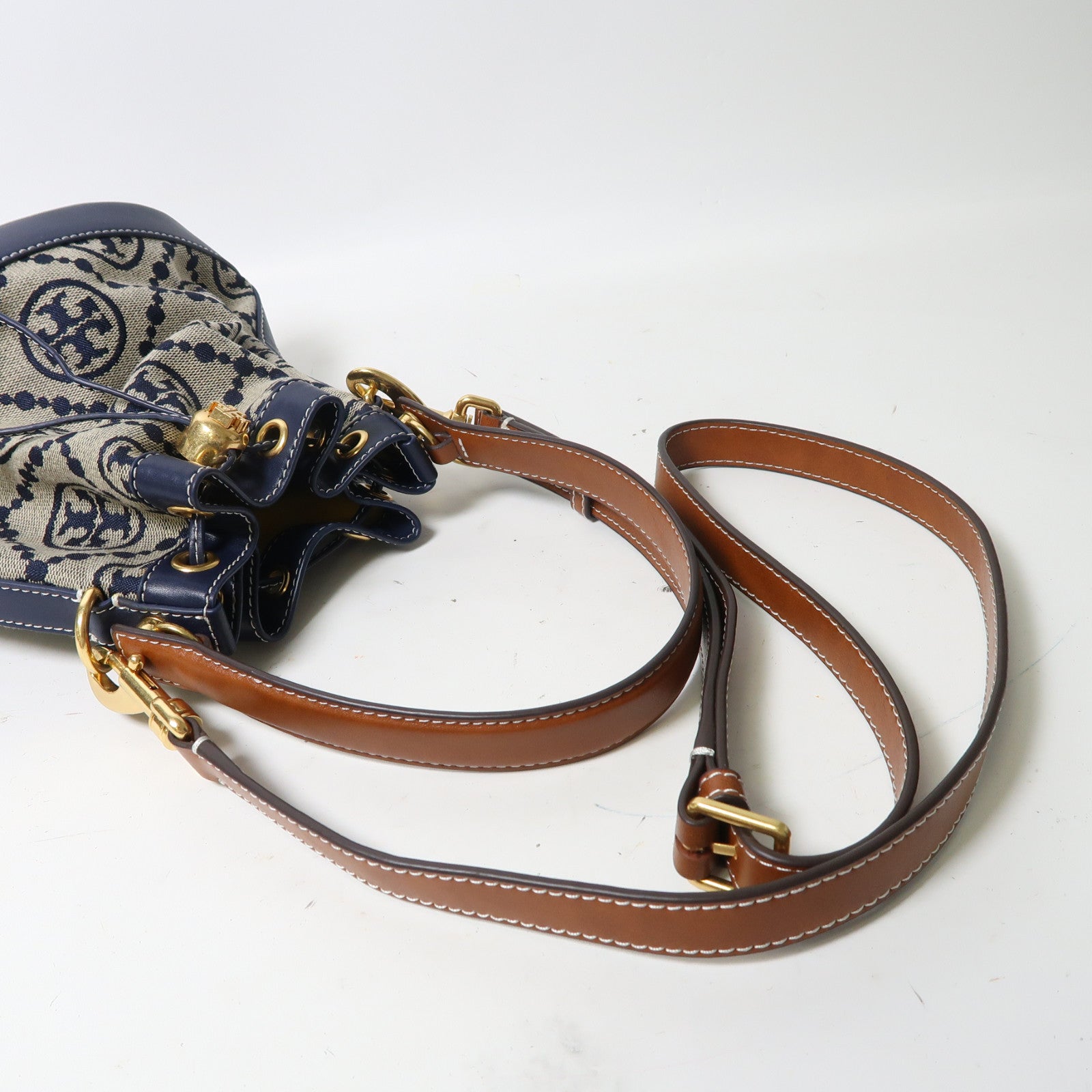 Tory Burch 帆布Bucket Bag金扣手挽肩背兩用袋深藍色