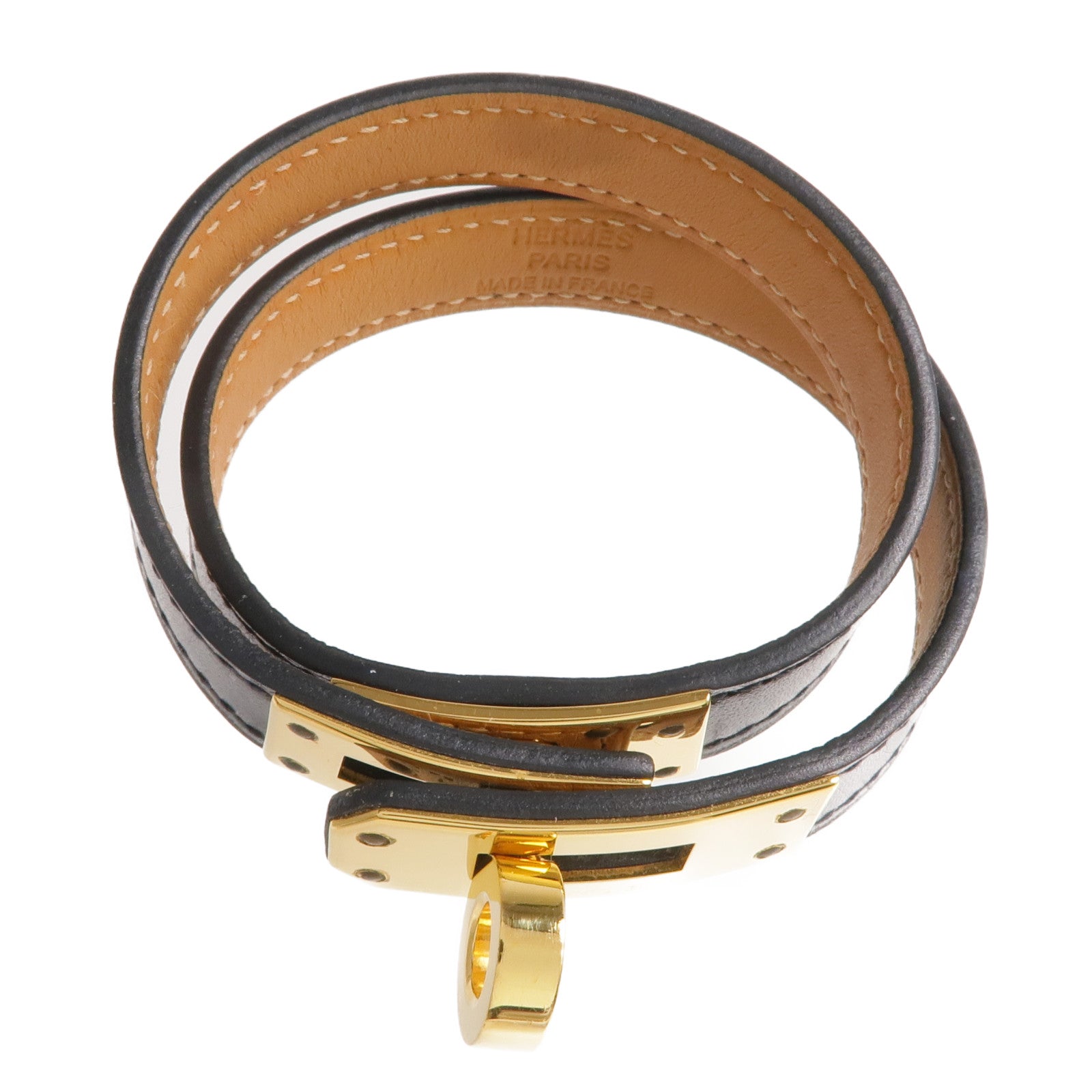 HERMES Box Calf皮革Kelly Double Tour Bracelet金扣手帶Noir