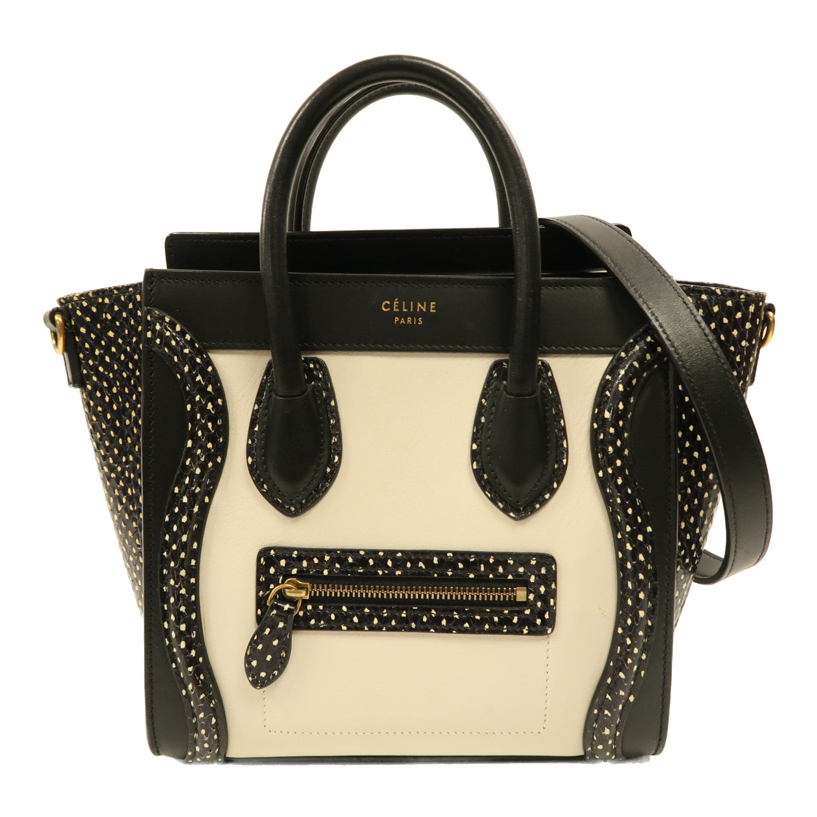 CELINE 牛皮皮革/蛇皮皮革Nano Luggage金扣手挽肩背兩用袋白色/黑色