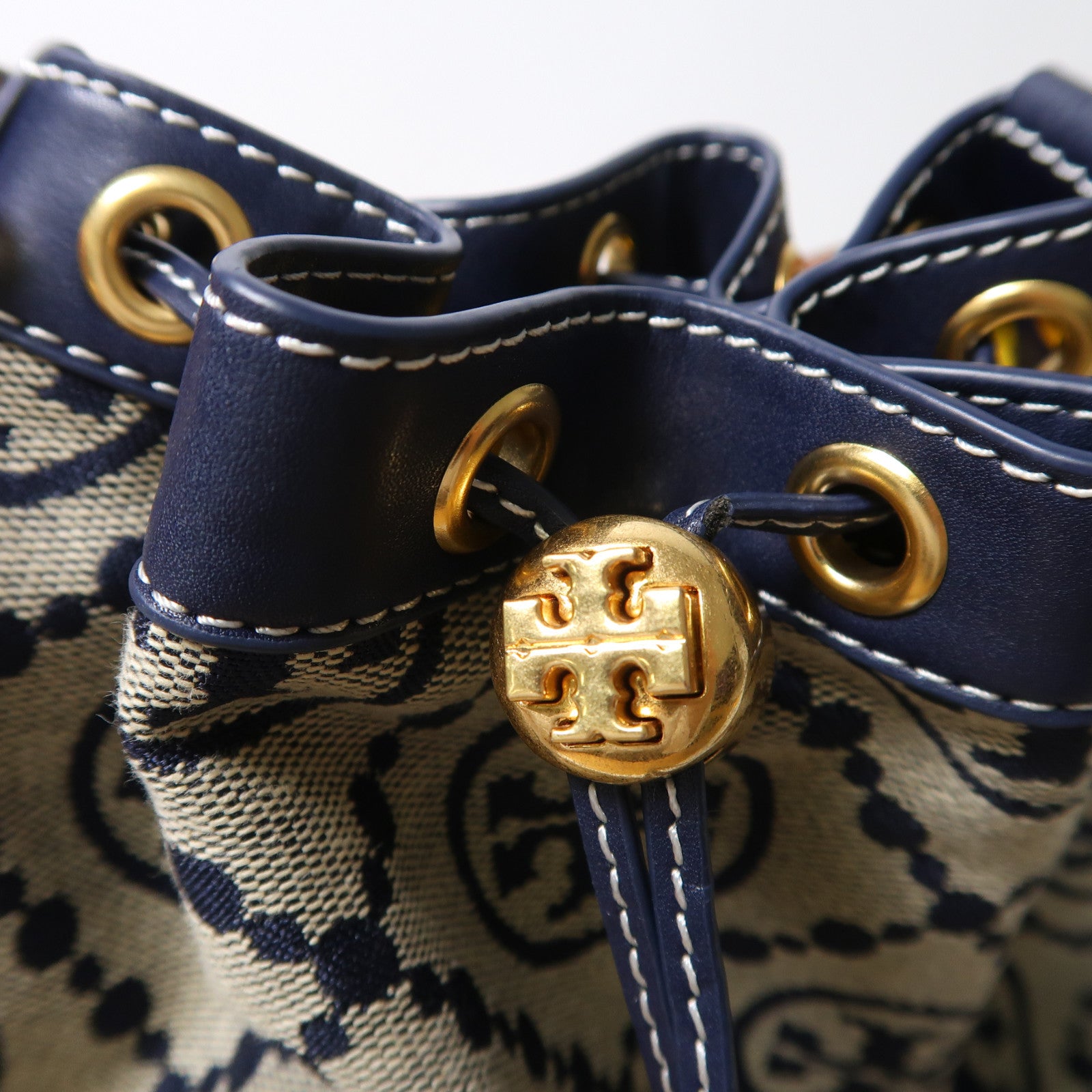 Tory Burch 帆布Bucket Bag金扣手挽肩背兩用袋深藍色
