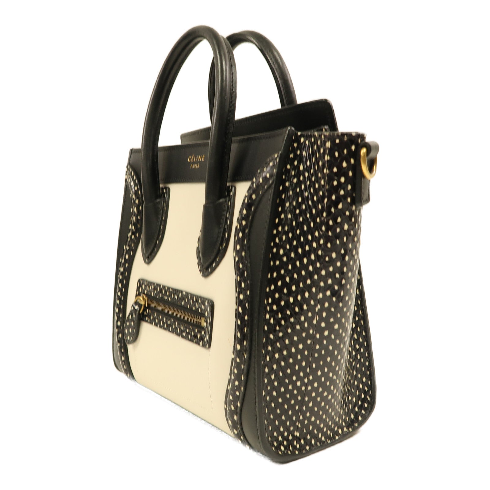 CELINE 牛皮皮革/蛇皮皮革Nano Luggage金扣手挽肩背兩用袋白色/黑色