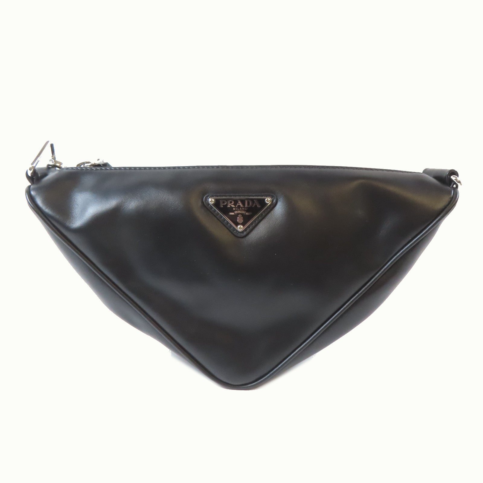 PRADA 皮革Triangle Bag銀扣肩背袋黑色