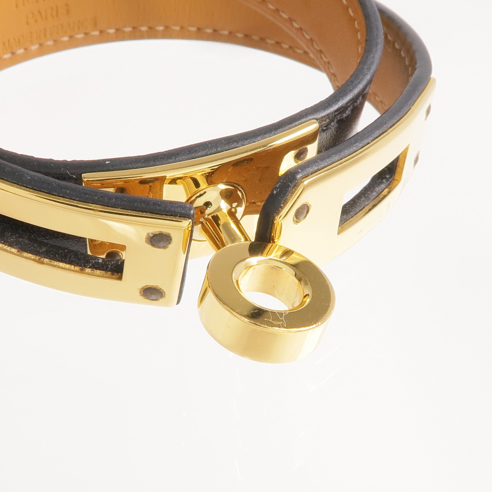 HERMES Box Calf皮革Kelly Double Tour Bracelet金扣手帶Noir