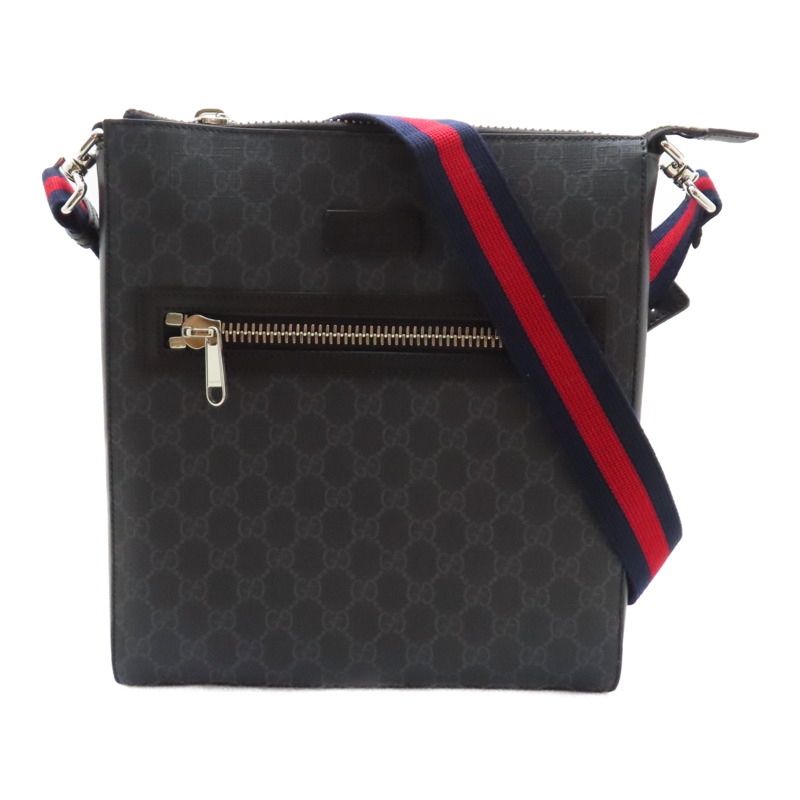 GUCCI 塗層帆布GG Messenger銀扣肩背袋黑色