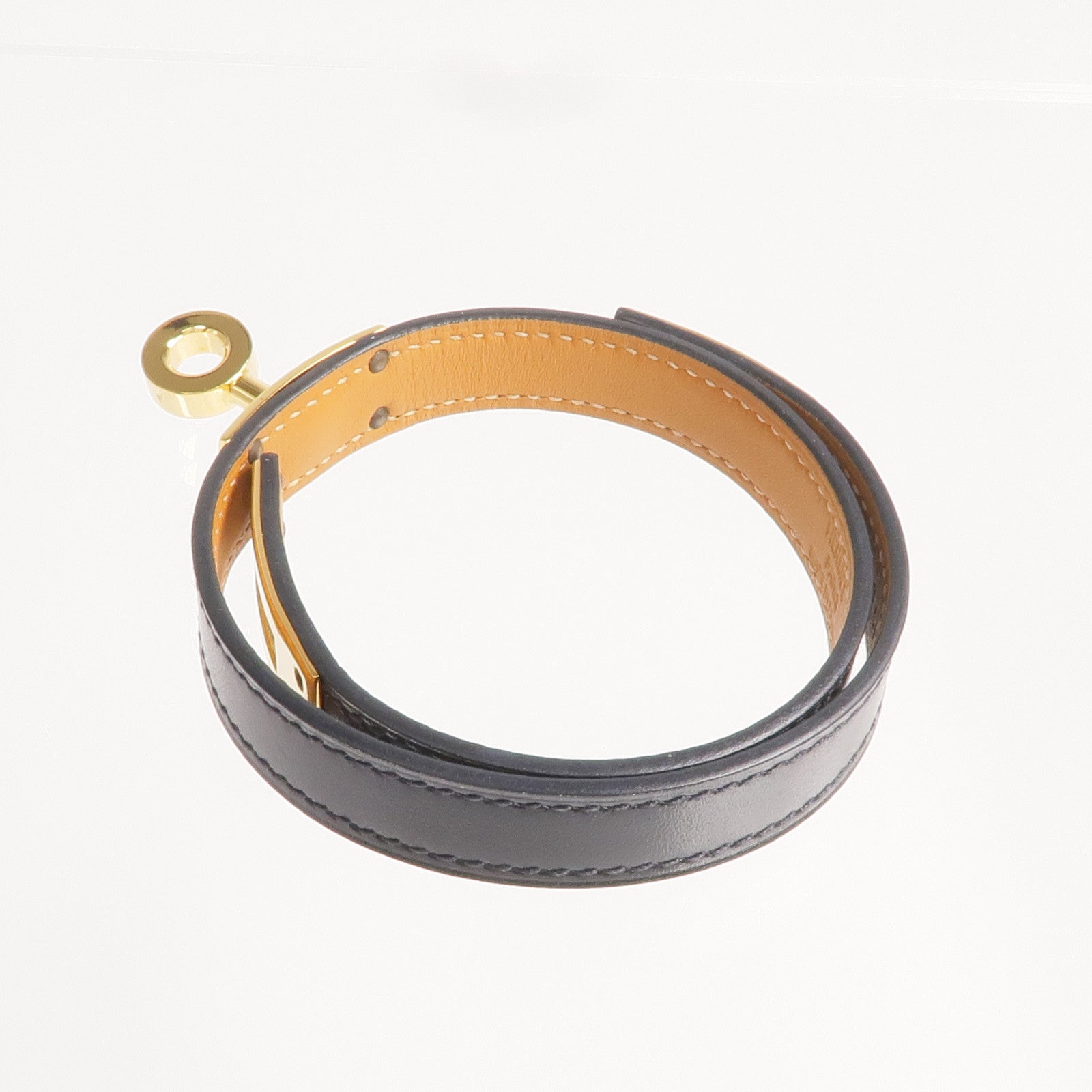 HERMES Box Calf皮革Kelly Double Tour Bracelet金扣手帶Noir