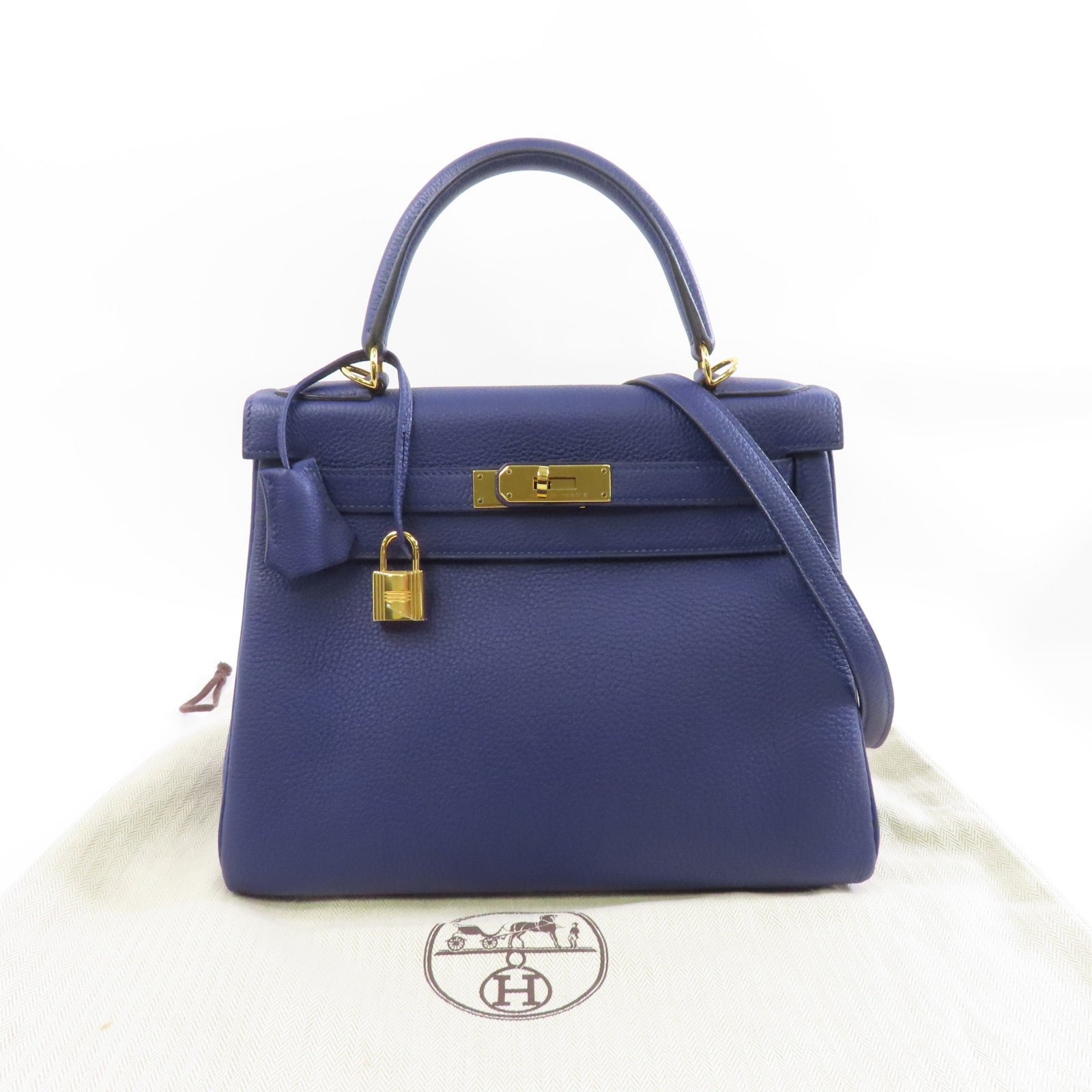 HERMES Togo皮革Kelly 28金扣手挽肩背兩用袋Blue Encre藍色