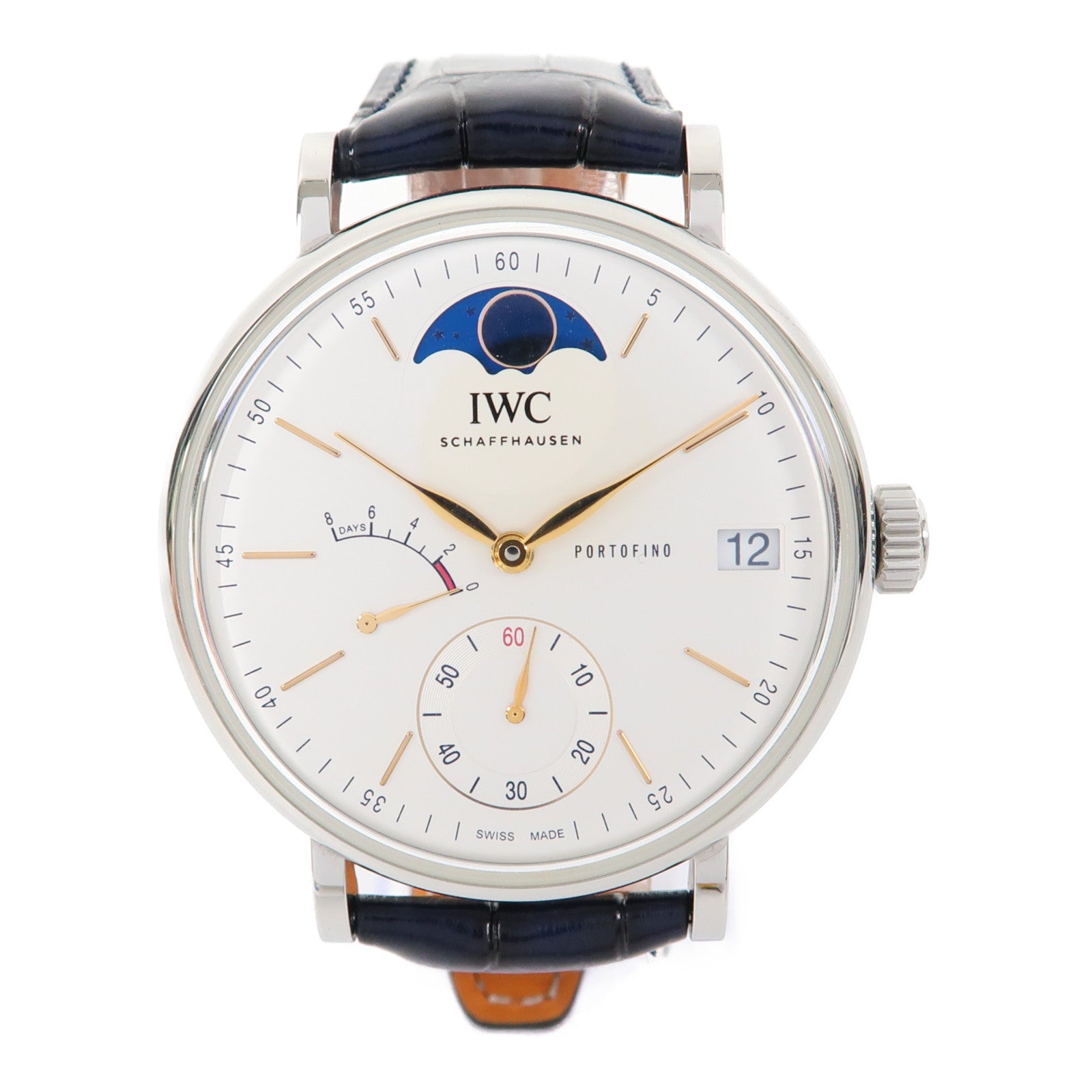 IWC Portofino Hand-Wound Moon Phase不鏽鋼/皮革帶手錶自動機芯白色