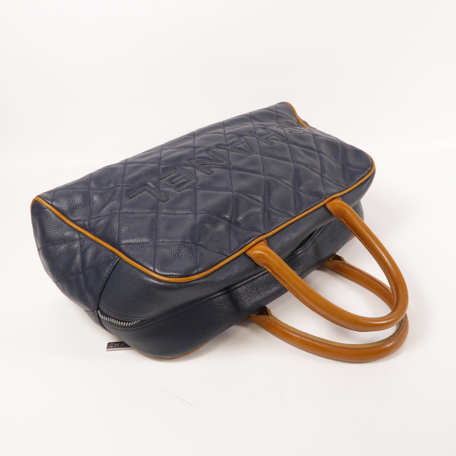CHANEL CC SHW Boston Bag Hand Bag Calfskin Leather Blue