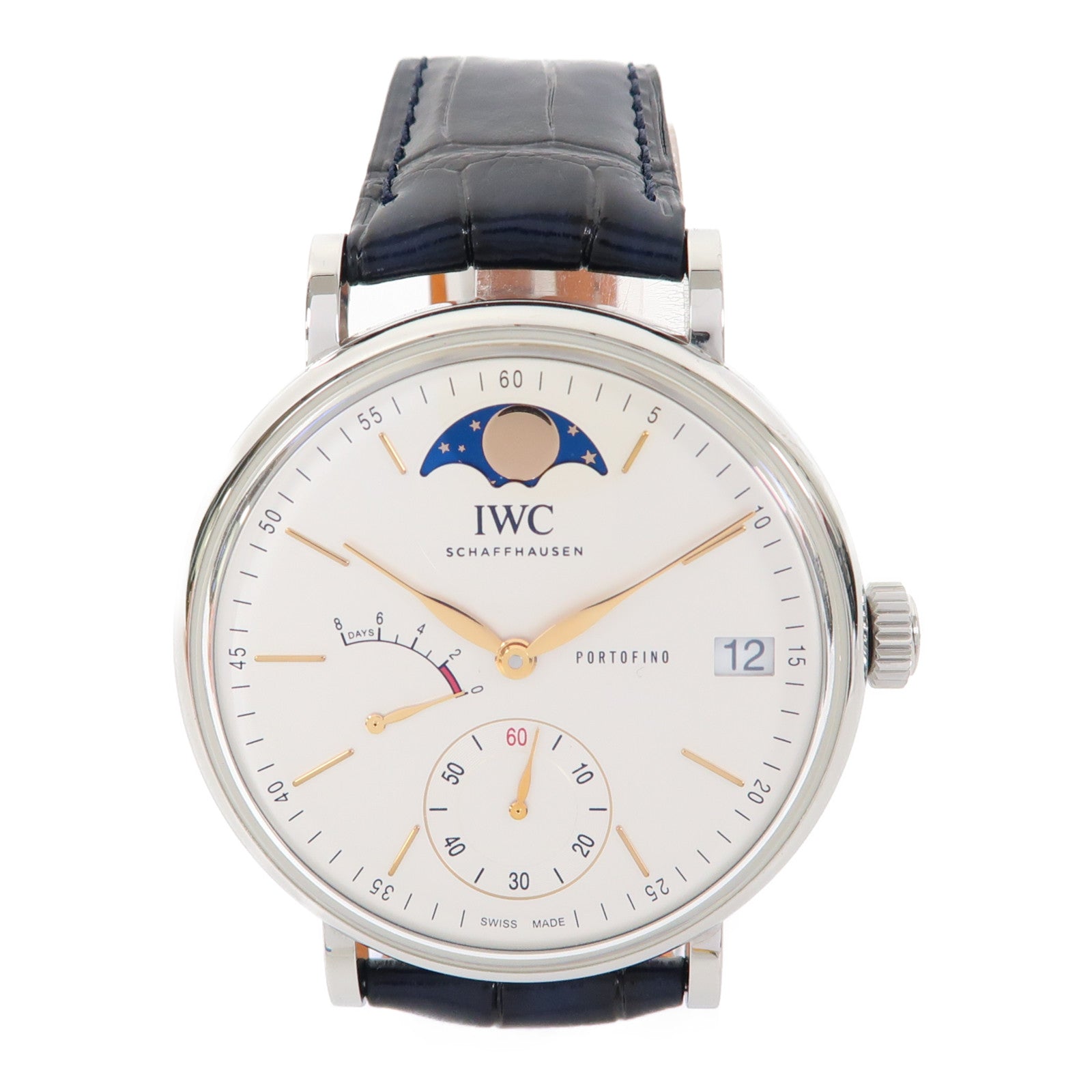 IWC Portofino Hand-Wound Moon Phase不鏽鋼/皮革帶手錶自動機芯白色