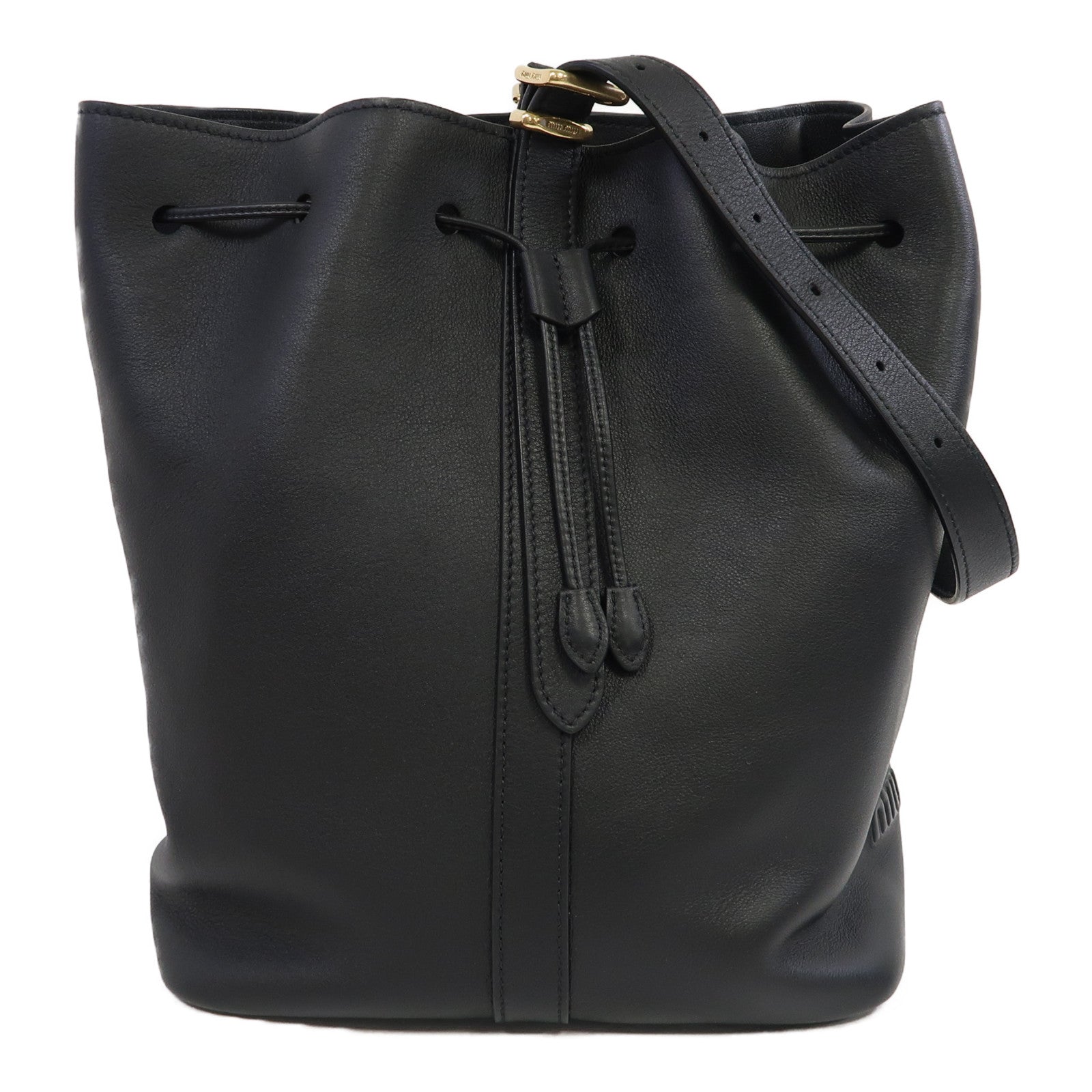 Miu Miu 牛皮皮革Bucket Bag金扣肩背袋黑色