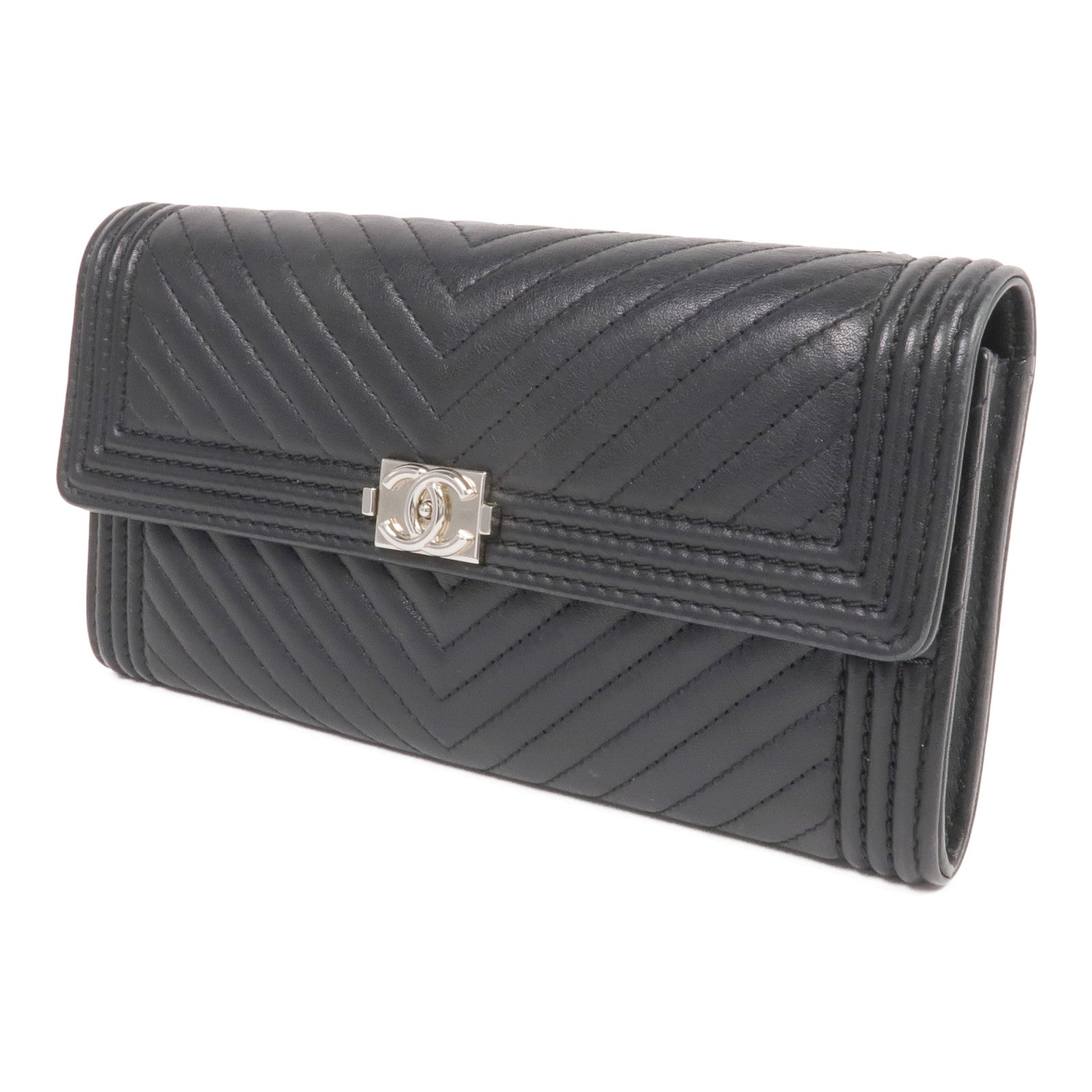 CHANEL 羊皮皮革Long Wallet銀扣長錢包