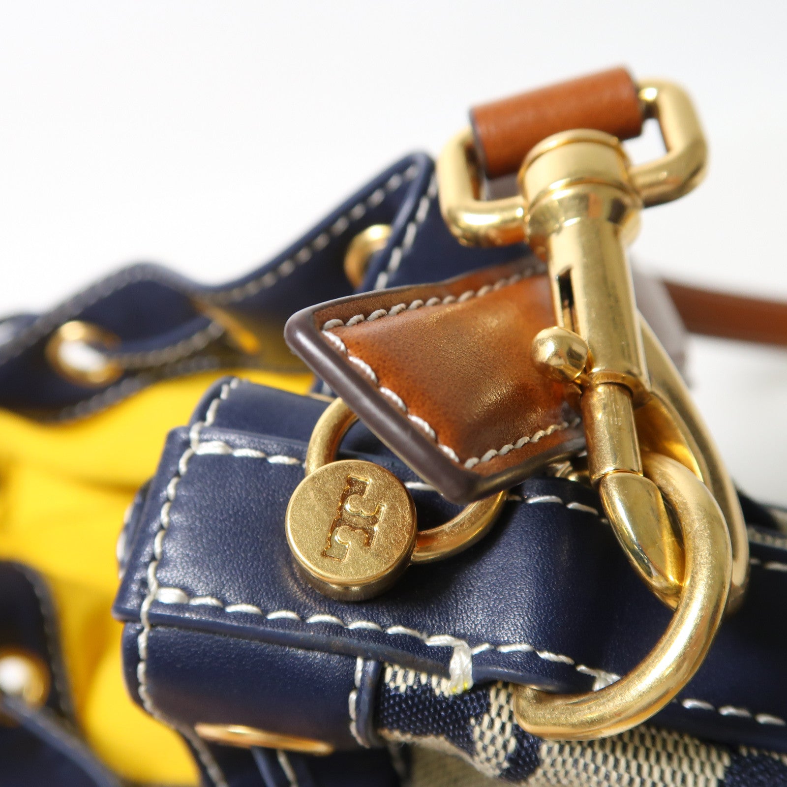 Tory Burch 帆布Bucket Bag金扣手挽肩背兩用袋深藍色